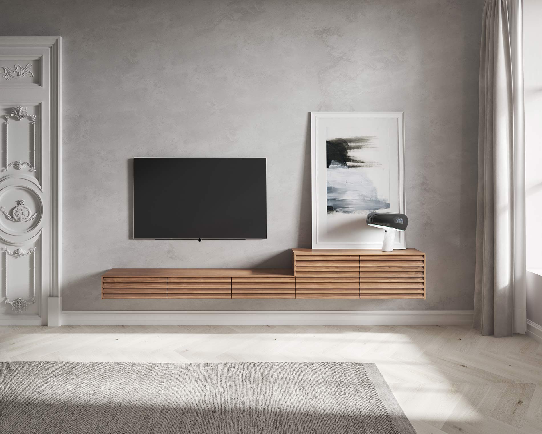 Woonkamer met design lowboard en TV-wandpaneel Woonkamer met design lowboard en TV-wandpaneel