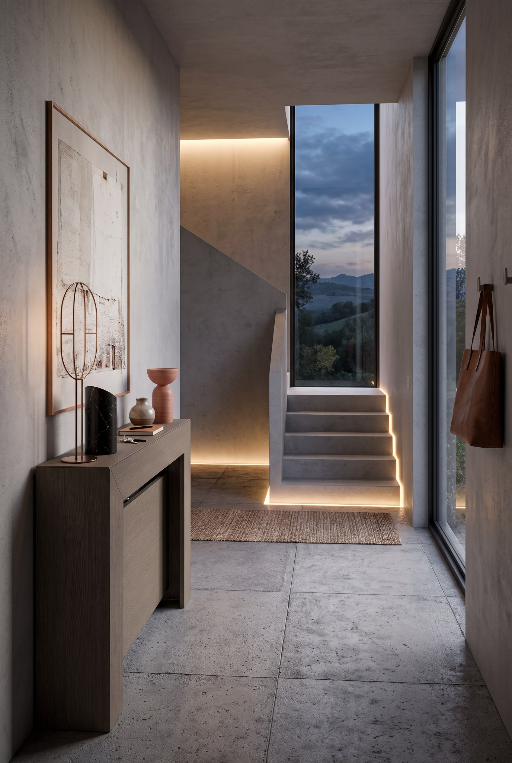 Couloir étroit menant à la cage d'escalier avec une console moderne extrêmement mince et un vase décoratif en céramique