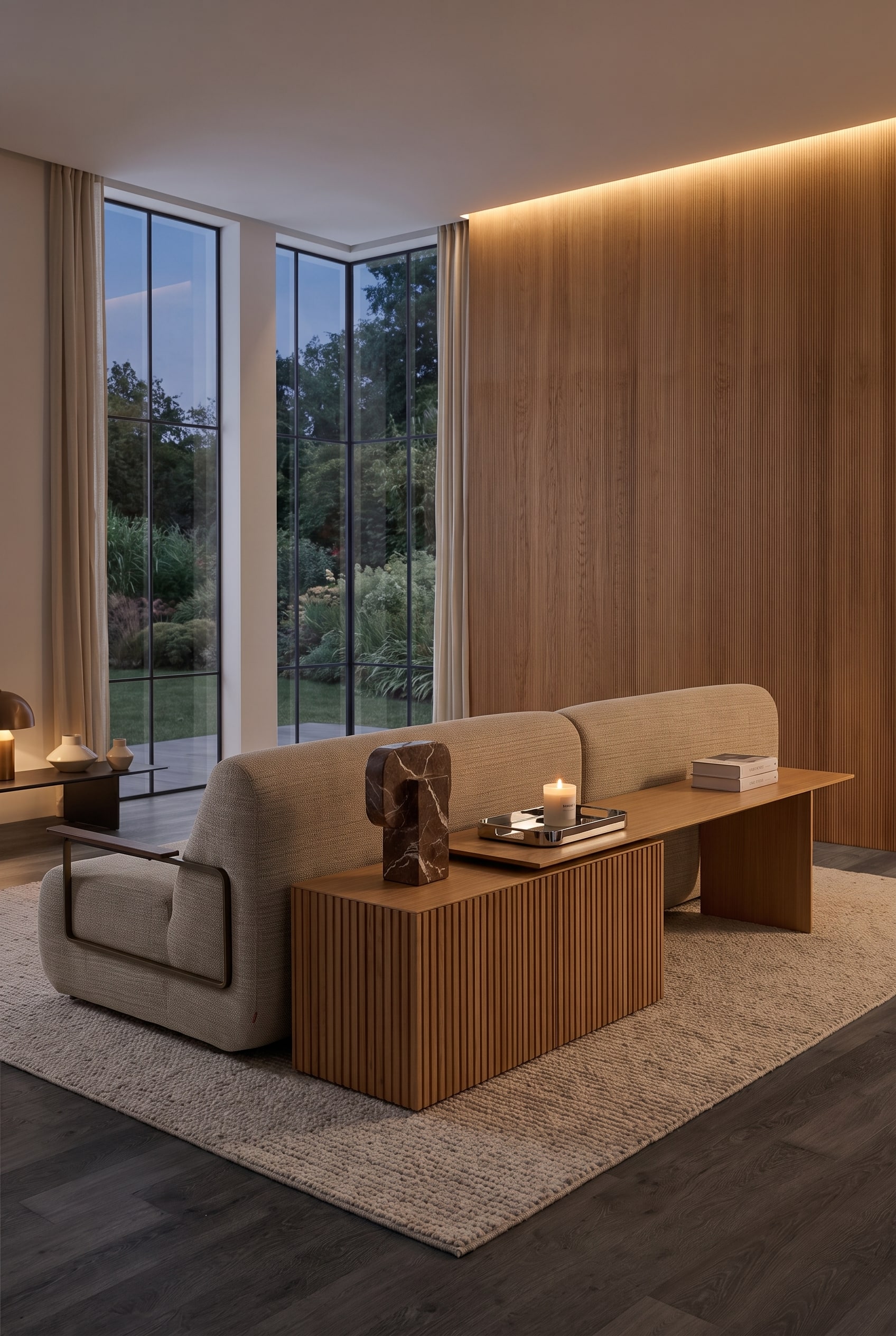 Un sideboard en chêne clair sert de séparateur de pièce derrière un canapé beige, décoré d'une sculpture en marbre et d'un plateau chromé.