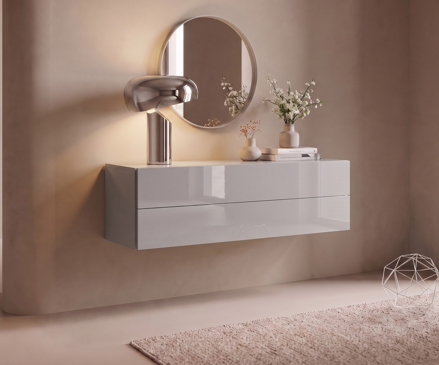 Zwevende commode Easy van Novamobili voor de hal in lichtgrijs, modern hangend dressoir in een minimalistisch interieur.