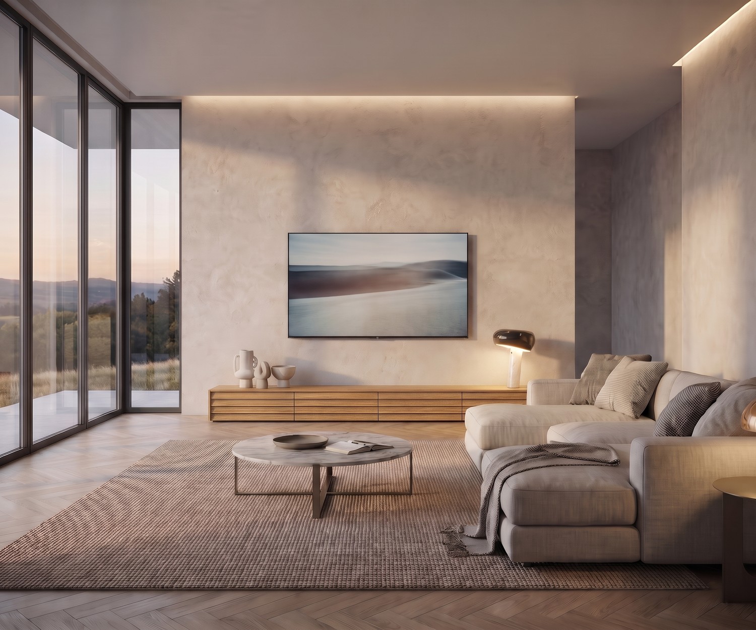 Meuble TV suspendu Punt Sussex Configurateur en noyer, idéal pour un salon moderne et design avec éclairage LED.