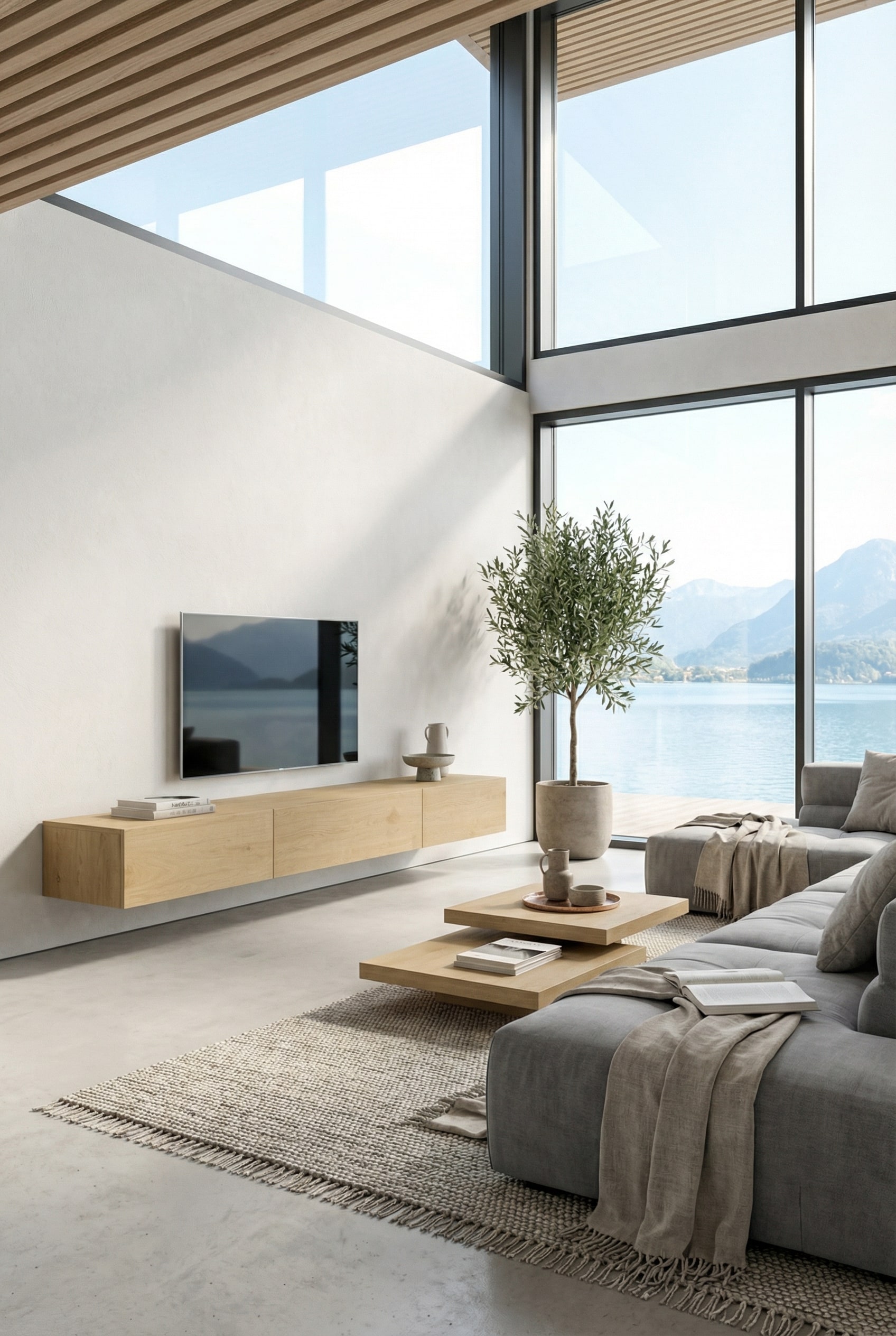 Zwevend lowboard van licht hout aan een witte muur met een moderne televisie Zwevend lowboard van licht hout aan een witte muur met een moderne televisie