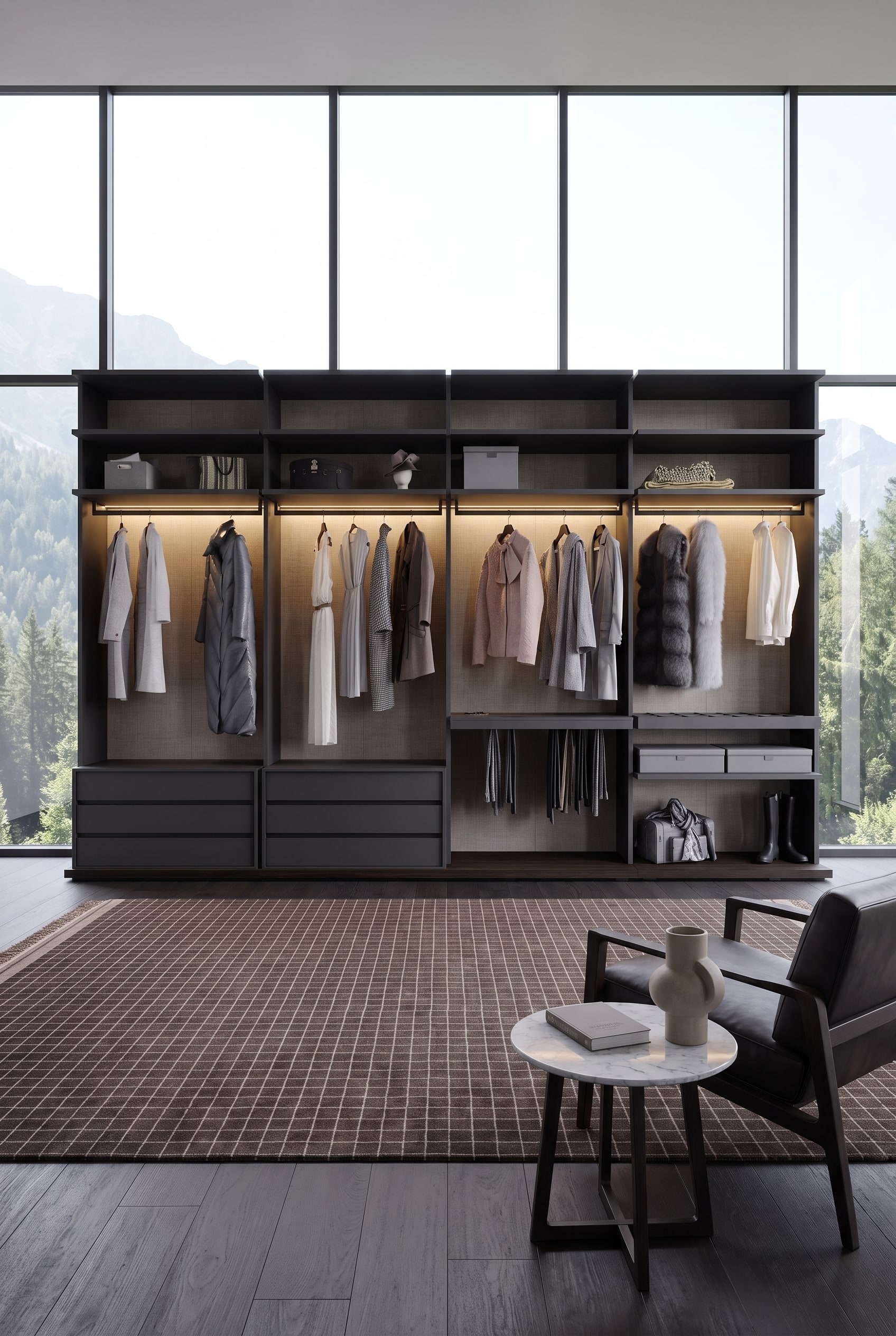 Dressing ouvert sombre avec cadres fins en aluminium anthracite, &eacute;tag&egrave;res en bois et v&ecirc;tements &eacute;clair&eacute;s chaleureusement