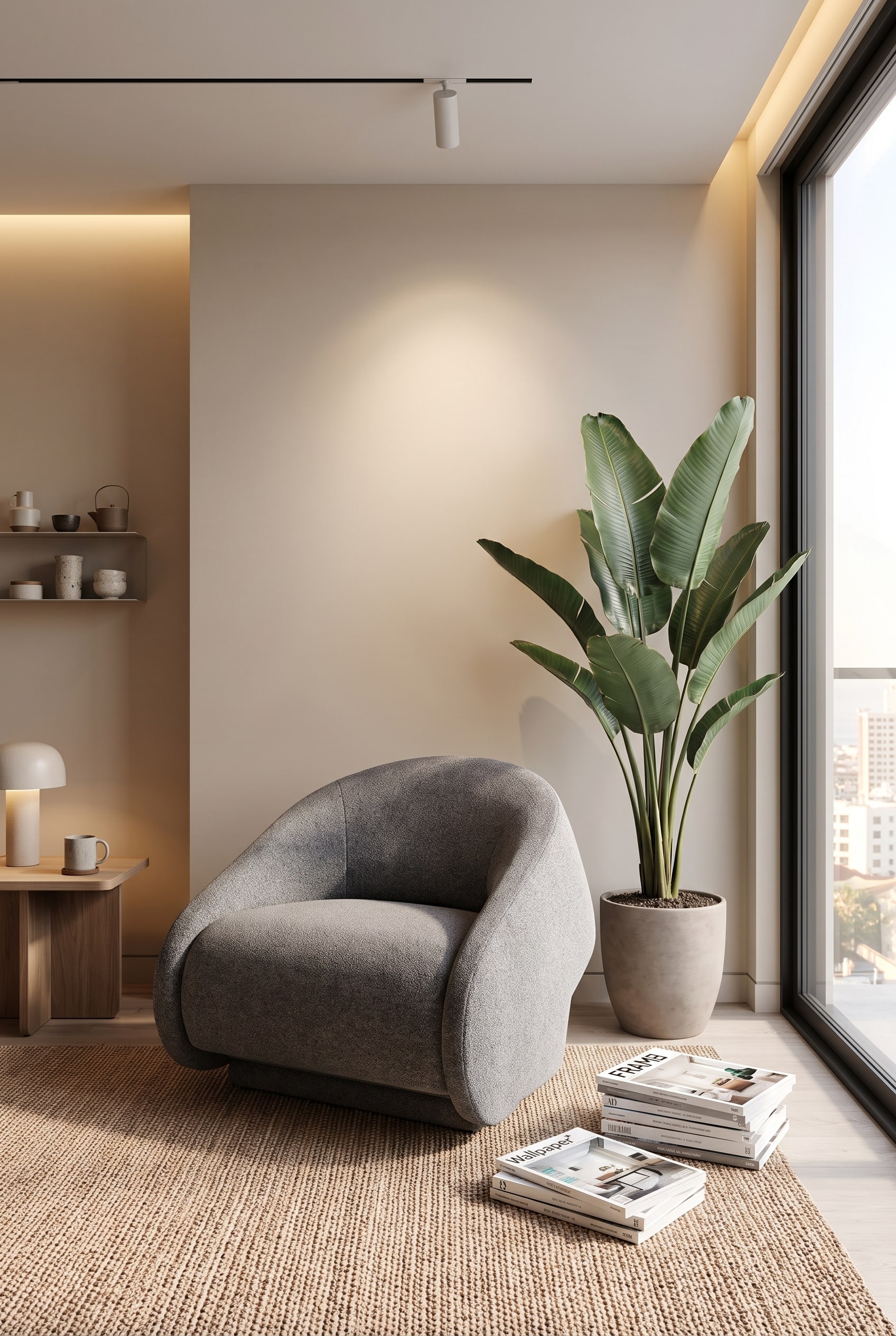 Petit coin de pièce au design moderne avec un fauteuil convertible sculptural en gris, qui se déplie vers l'avant pour former un lit d'appoint.