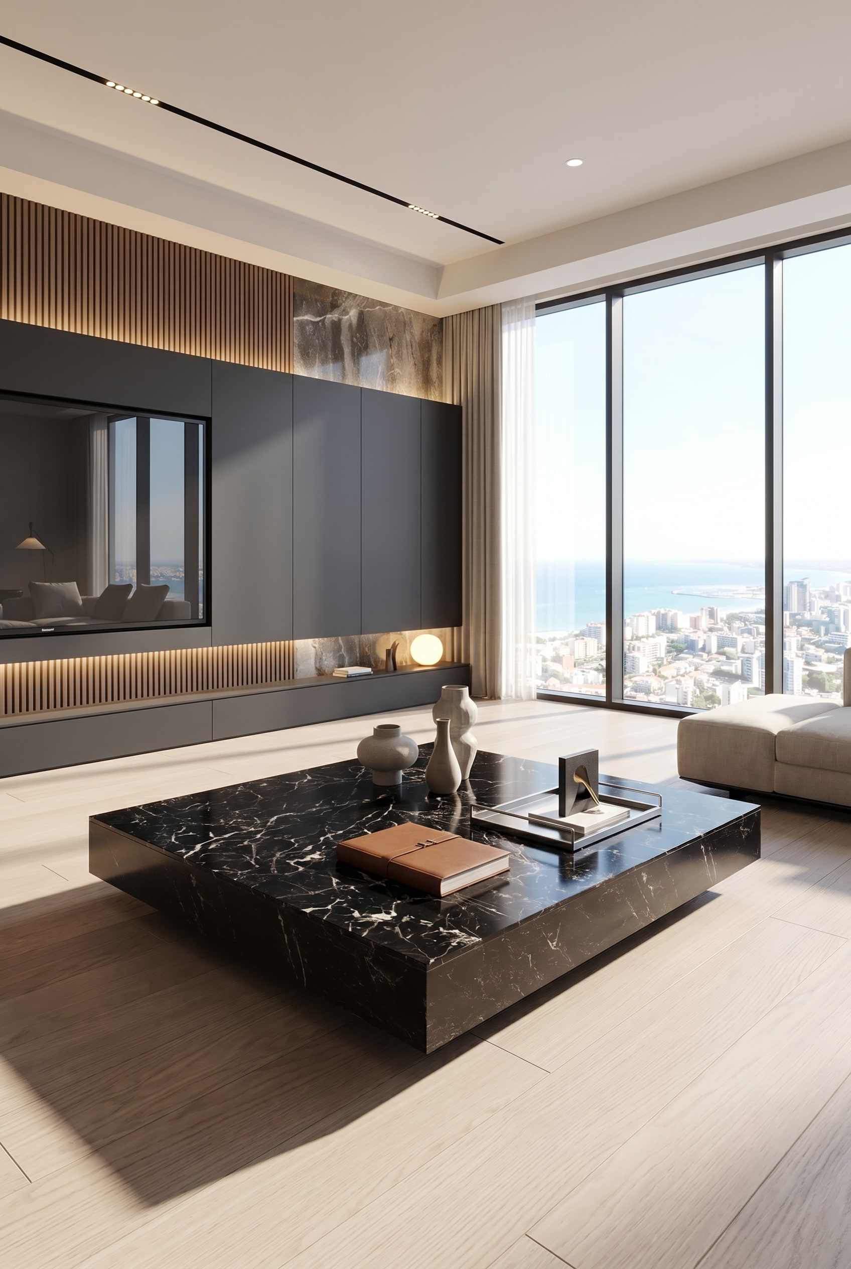 Meuble mural sombre et élégant sur mesure dans une pièce par ailleurs lumineuse, démontrant la règle des couleurs 60-30-10 Meuble mural sombre et élégant sur mesure dans une pièce par ailleurs lumineuse, démontrant la règle des couleurs 60-30-10