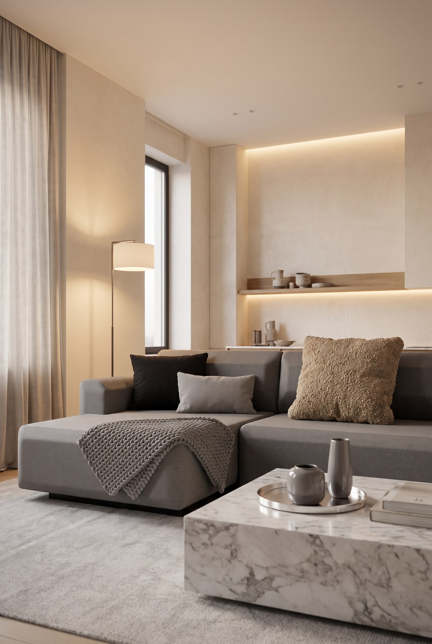Canap&eacute;-lit minimaliste Prostoria Fade avec un coussin en boucl&eacute; grossi&egrave;rement tiss&eacute; comme contraste haptique.