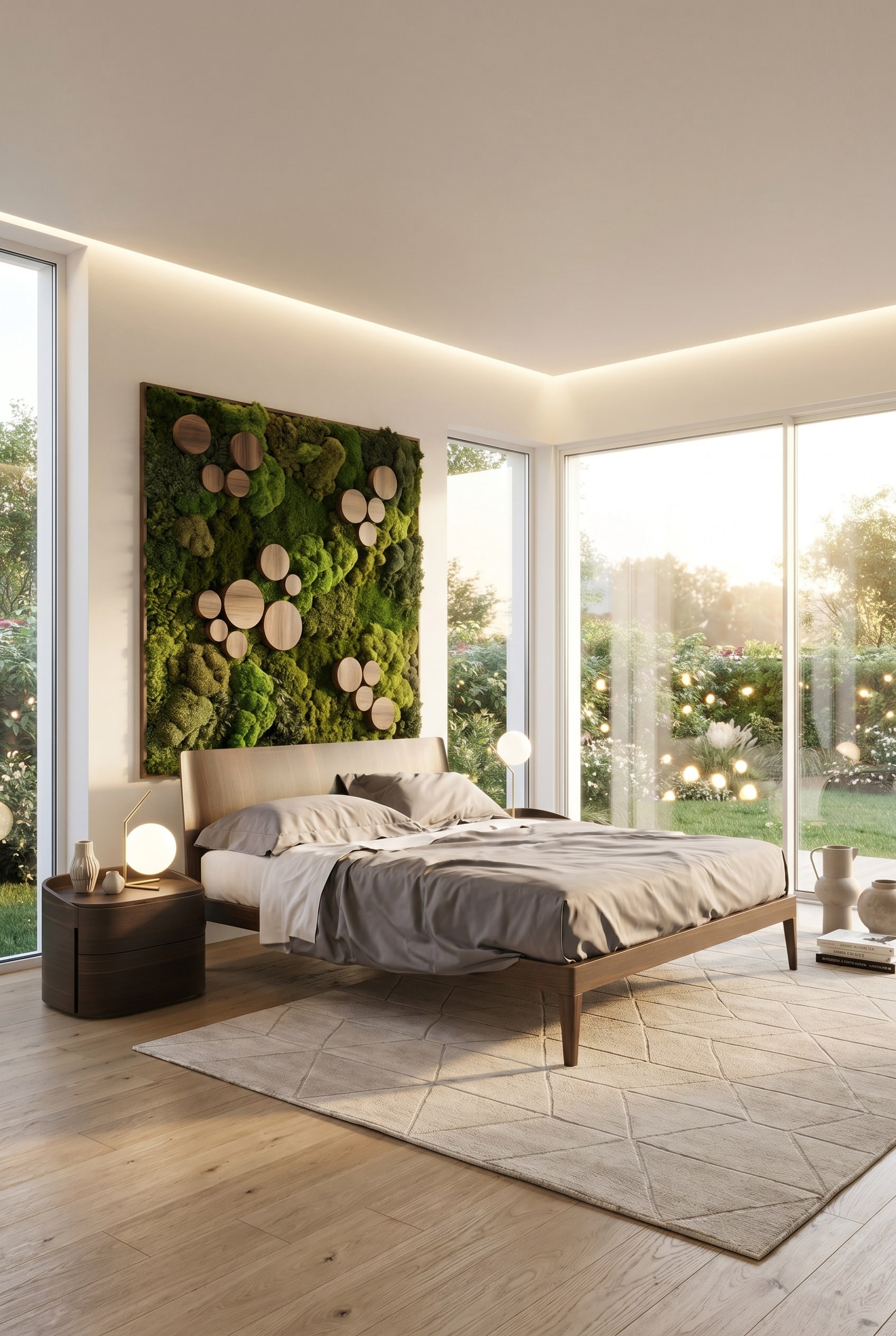 Chambre lumineuse avec un lit en bois, flanqué de deux tables de chevet rondes et cylindriques en bois foncé sur un tapis clair