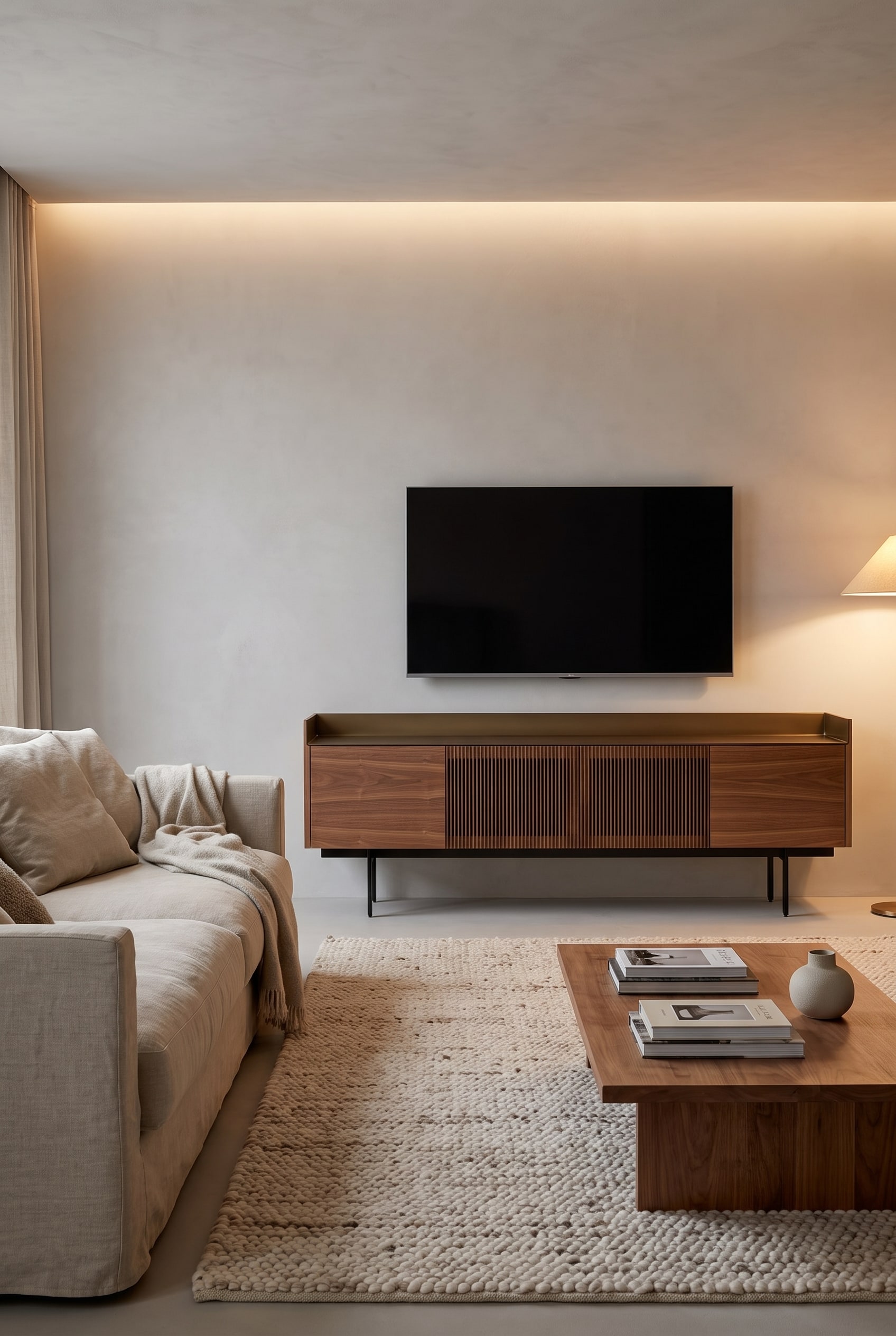 Meuble TV bas al2 Mobius 004 en noyer américain avec un placage continu devant un mur sobre.
