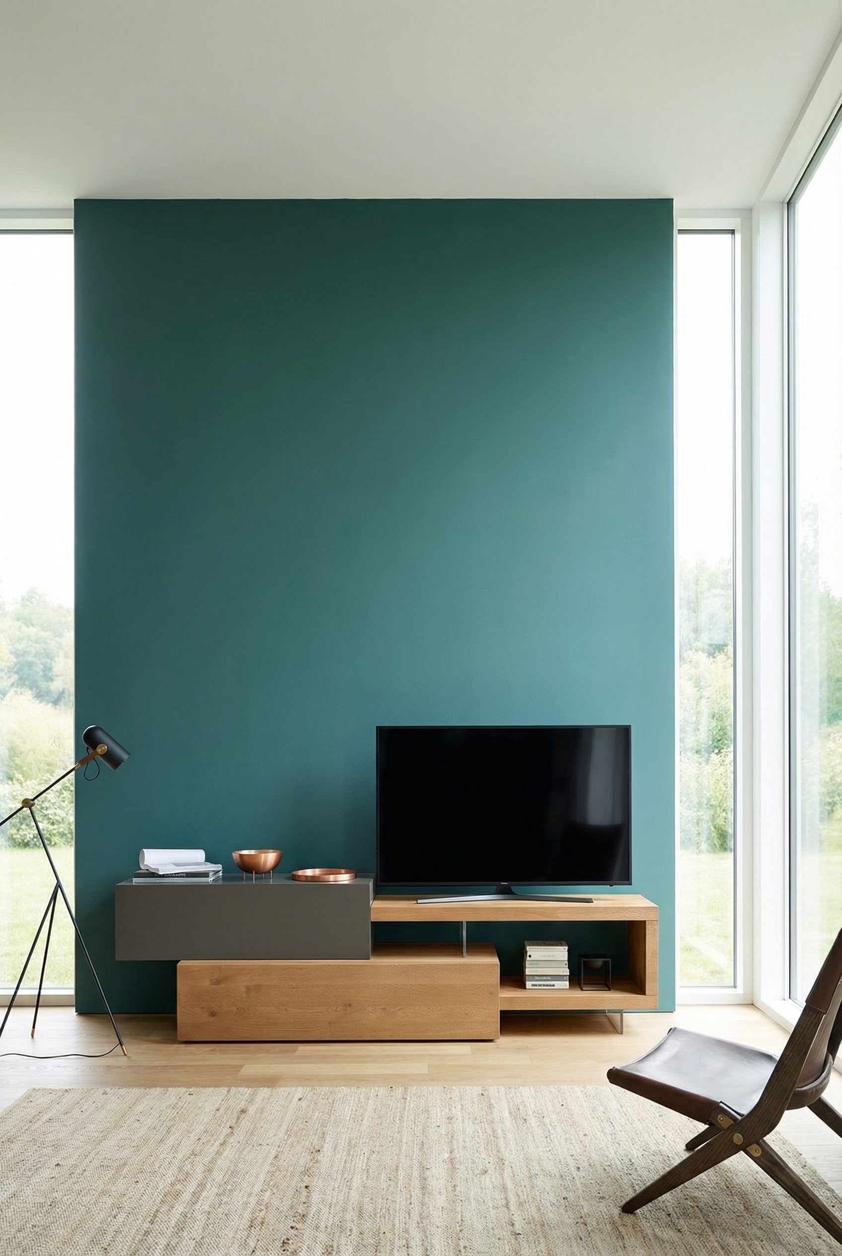 Meuble mural avec éléments en bois devant un mur couleur pétrole Meuble mural avec éléments en bois devant un mur couleur pétrole