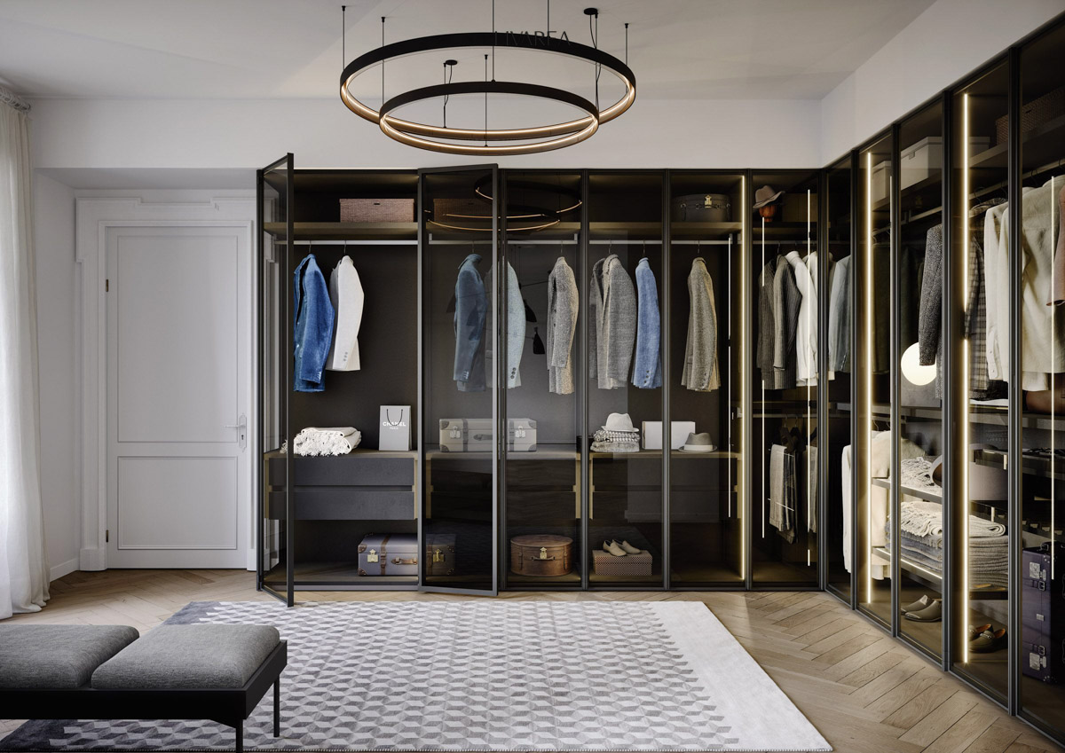 Dressing d'angle avec portes vitrées et LED latérales Dressing d'angle avec portes vitrées et LED latérales