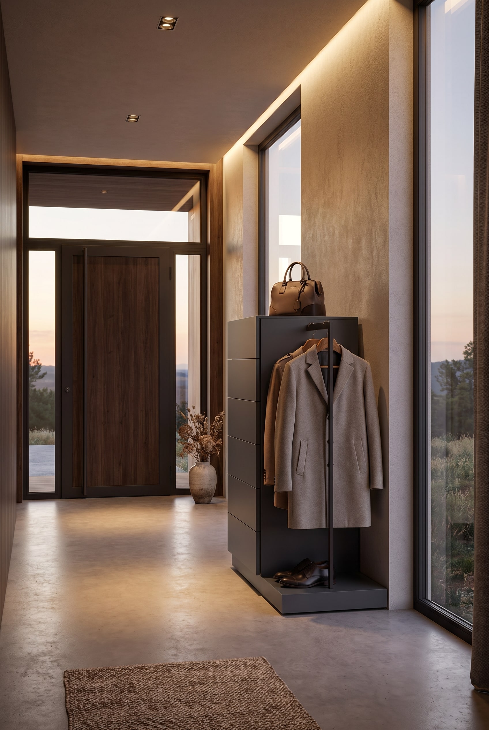 Commode haute moderne Novamobili Easy 6 avec panneau de penderie dans un couloir &eacute;l&eacute;gant, avec un sac &agrave; main pos&eacute; dessus et des vestes d'invit&eacute;s accroch&eacute;es aux crochets.