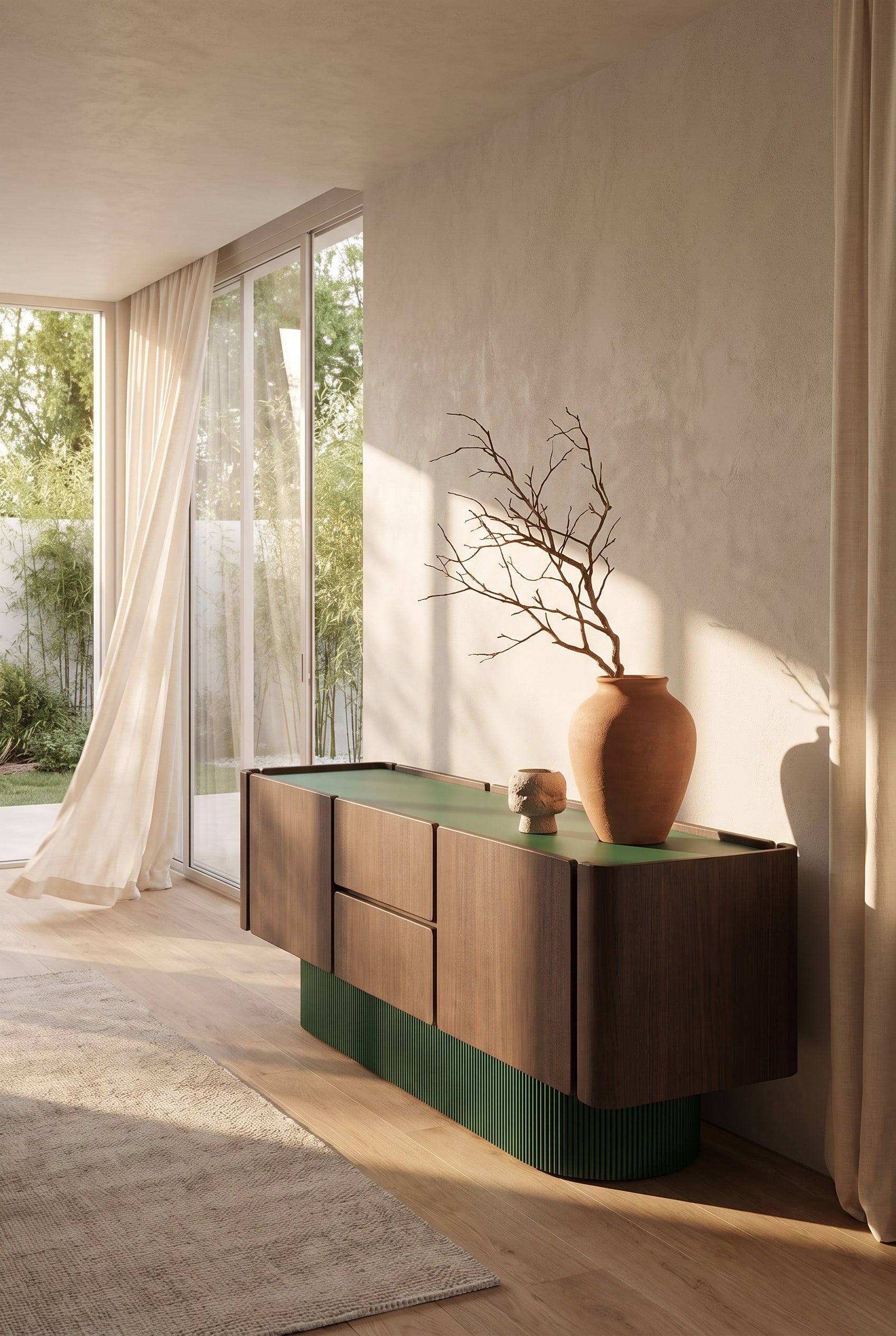 Salon lumineux avec un buffet en bois arrondi, sur lequel se trouve un vase en argile non &eacute;maill&eacute;e avec une branche de ch&ecirc;ne noueuse.