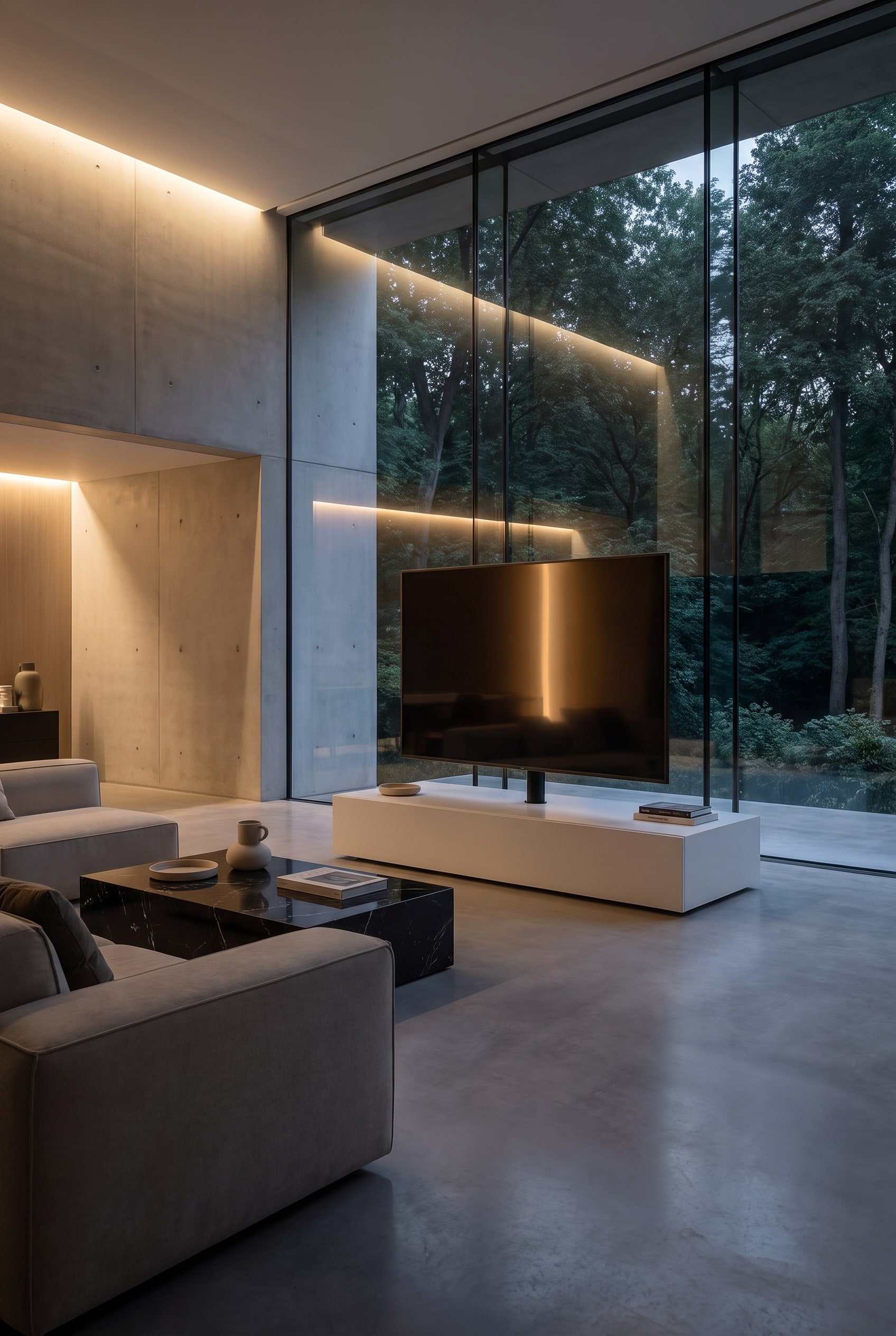 Chambre compacte avec une colonne TV verticale extrêmement mince, tendue entre le sol et le plafond