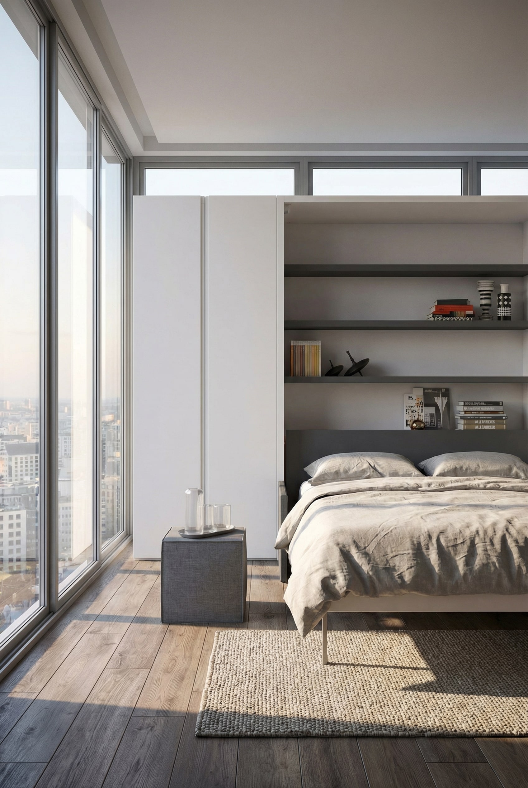 Lit escamotable compact parfaitement intégré dans une niche étroite d'une pièce moderne Lit escamotable compact parfaitement intégré dans une niche étroite d'une pièce moderne