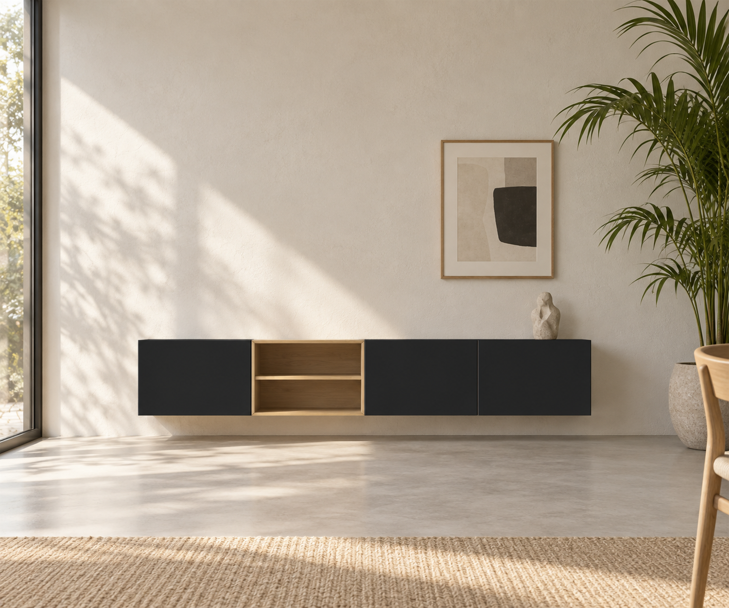 Livitalia Box 18 Wanddressoir 240 cm – Mat zwart + Licht eiken