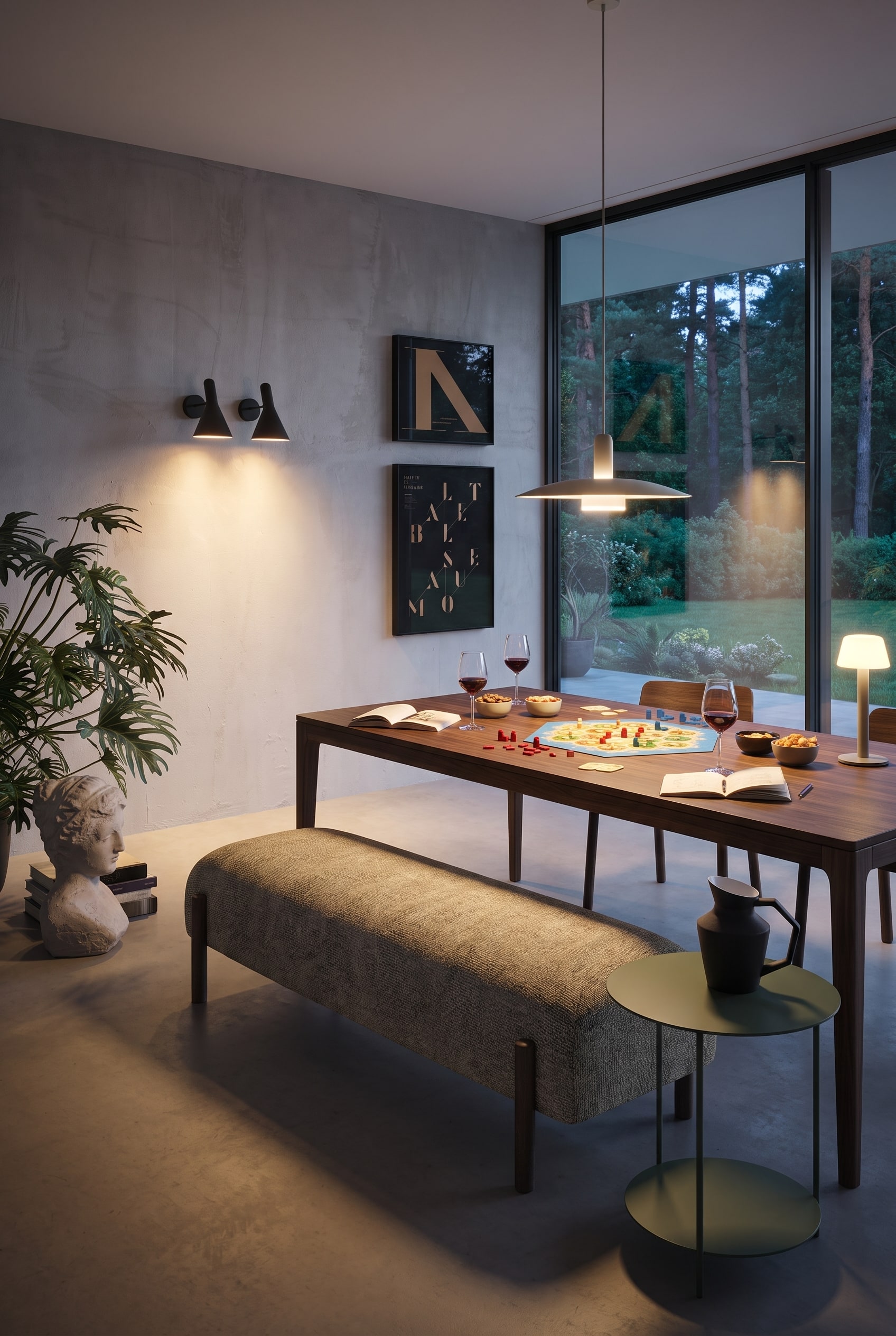 Int&eacute;rieur moderne avec un banc rembourr&eacute; sur pieds en bois, une table d'appoint verte et des impressions d'art au mur
