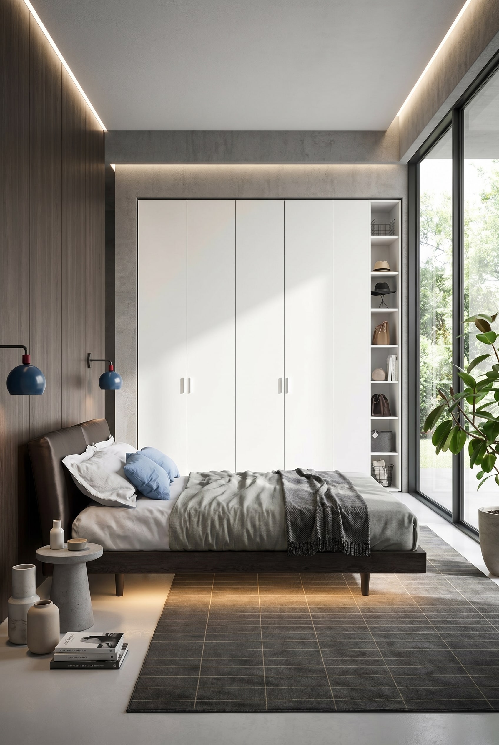 Chambre moderne lumineuse avec une armoire blanche à portes battantes allant jusqu'au plafond et de grandes baies vitrées donnant sur la nature