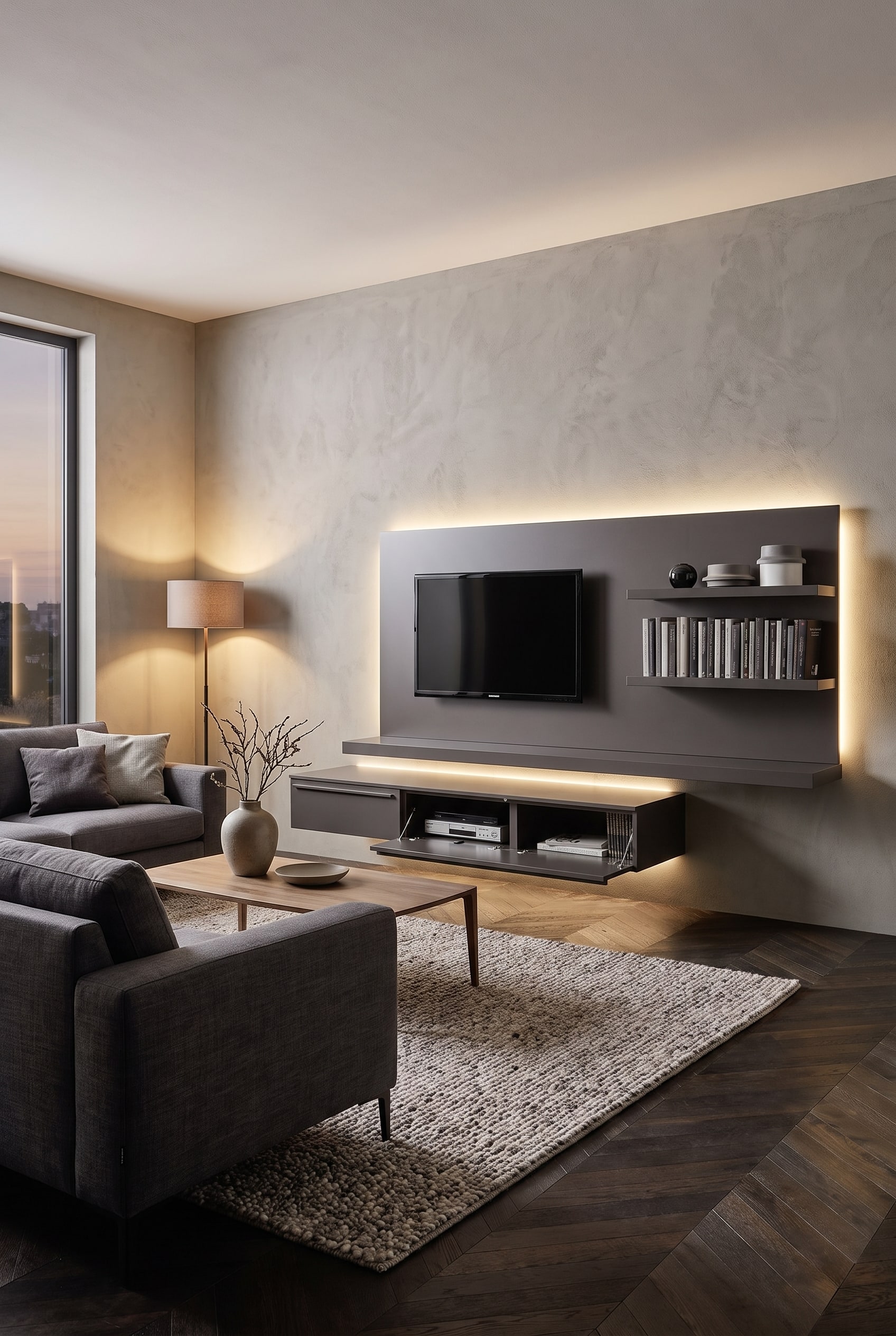 Mur de salon avec meuble TV mural flottant et t&eacute;l&eacute;viseur &agrave; &eacute;cran plat int&eacute;gr&eacute;