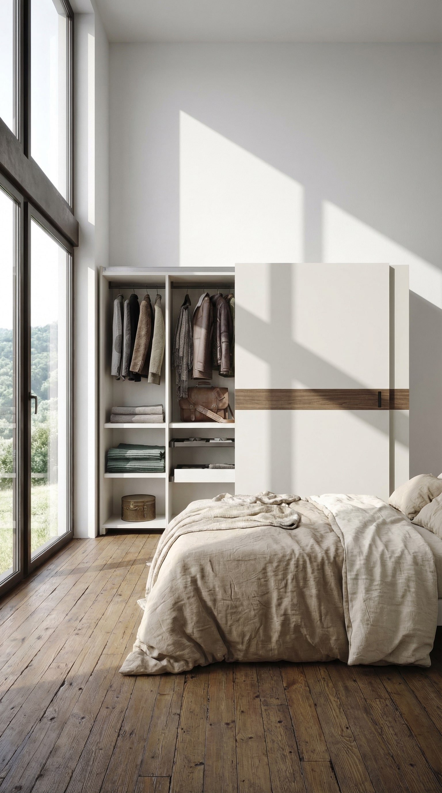 Een vlakke schuifdeurkast in een slaapkamer, die dicht bij het bed staat. Een vlakke schuifdeurkast in een slaapkamer, die dicht bij het bed staat.