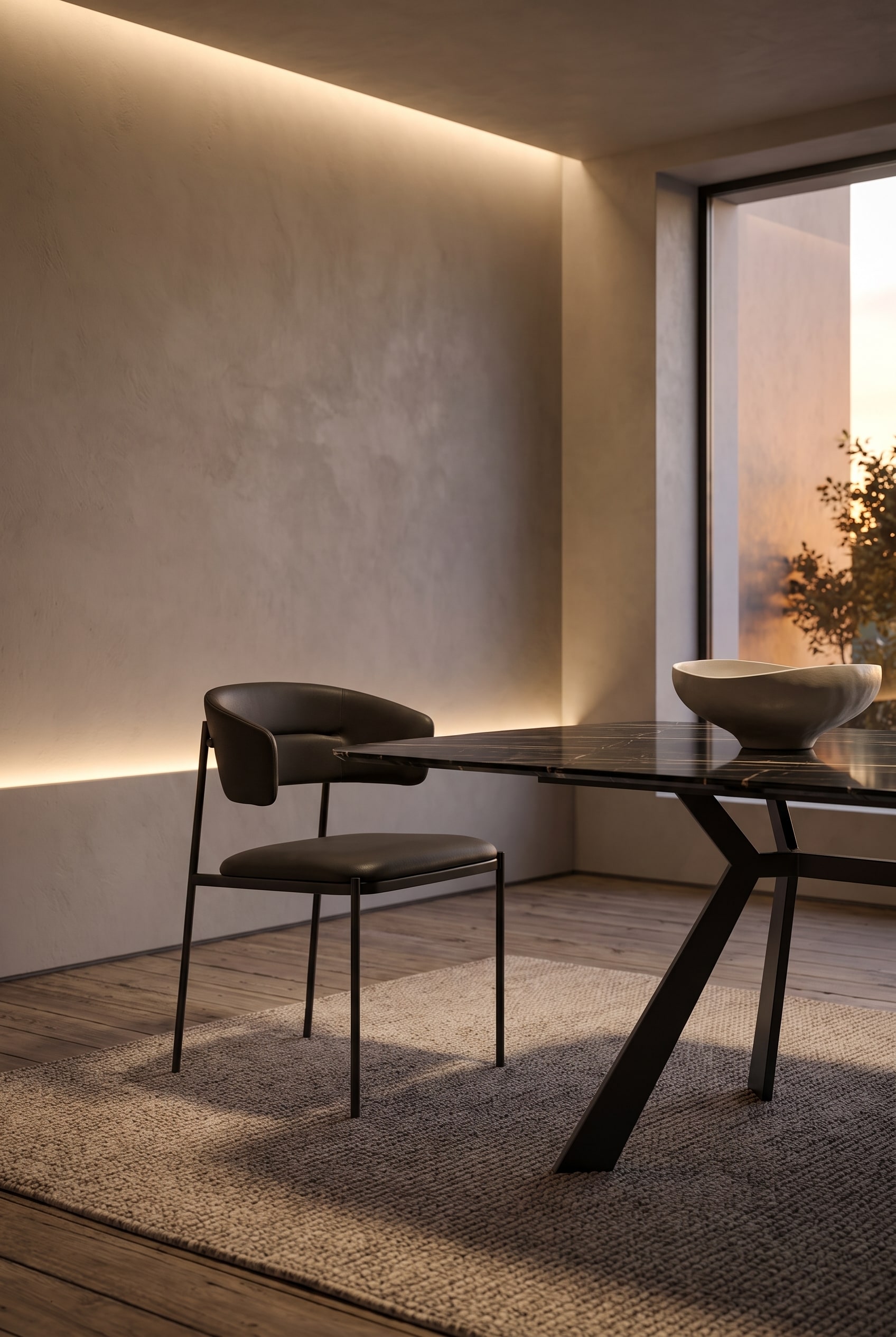 Salle à manger italienne moderne avec une chaise distinctive en structure métallique noire et dossier en cuir