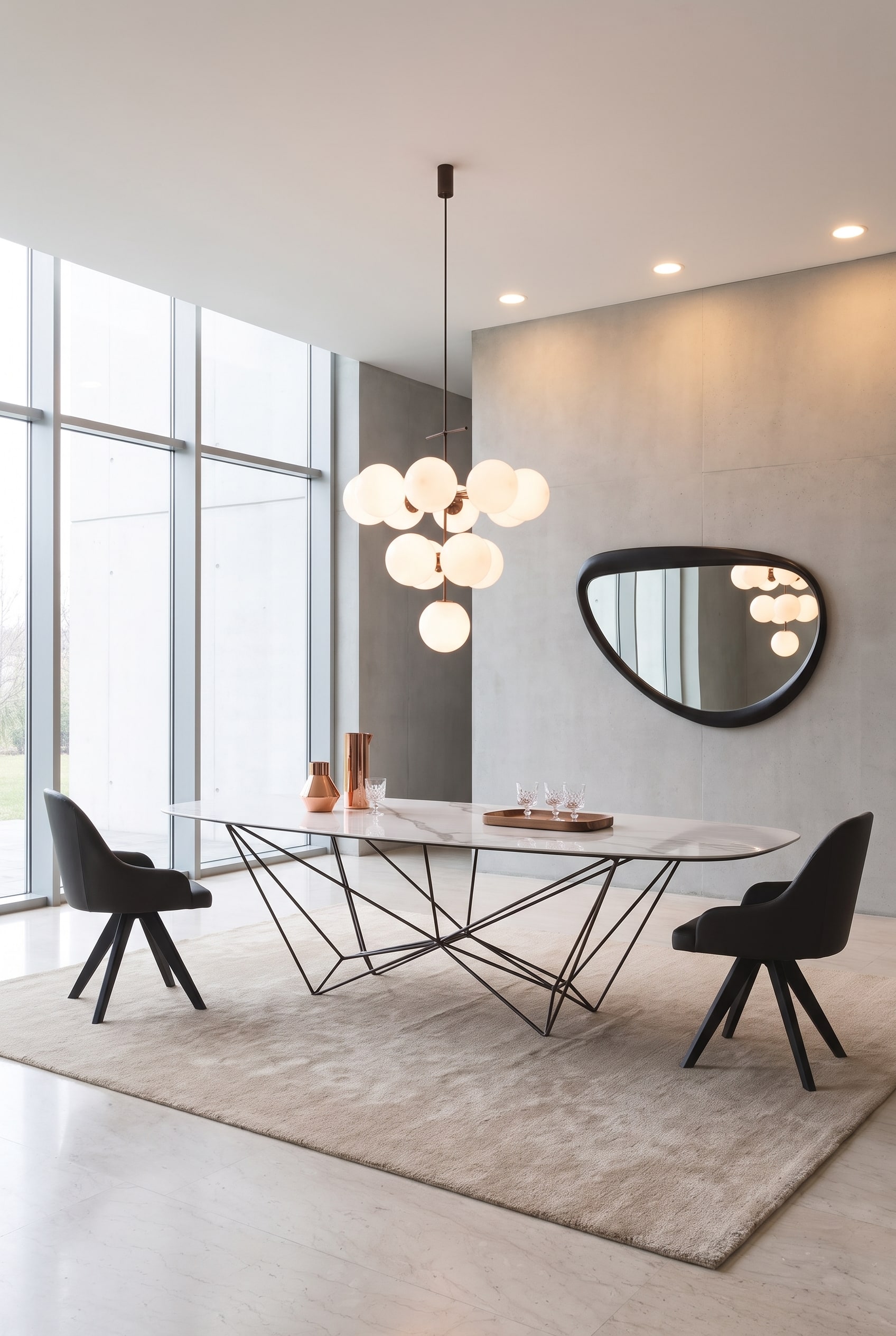 Une table à manger moderne extrêmement longue avec un piètement métallique sculptural se dresse comme un centre architectural dans une salle à manger spacieuse et lumineuse.