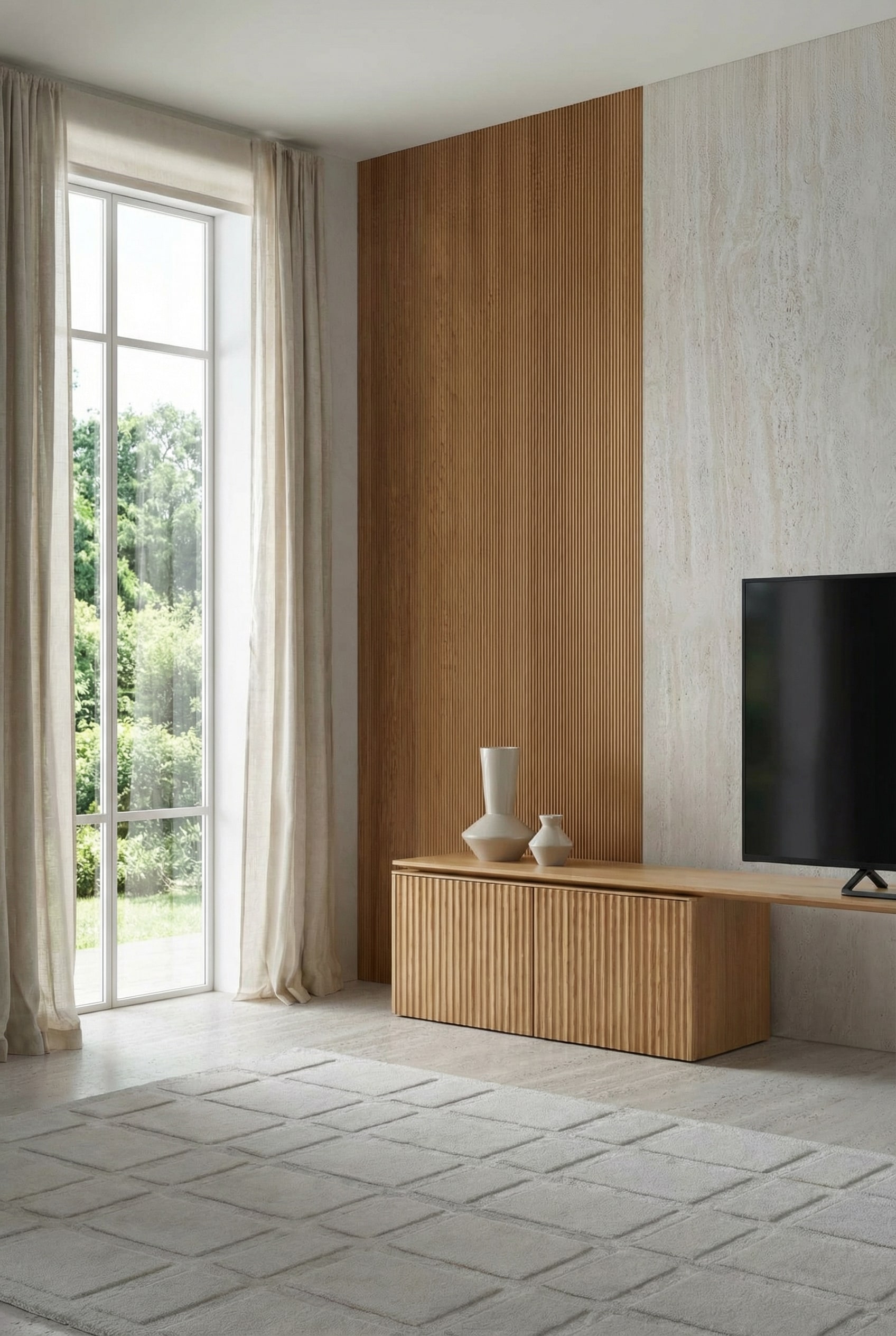 Elegant houten tv-meubel met verticale groefpanelen in een lichte, moderne woonkamer