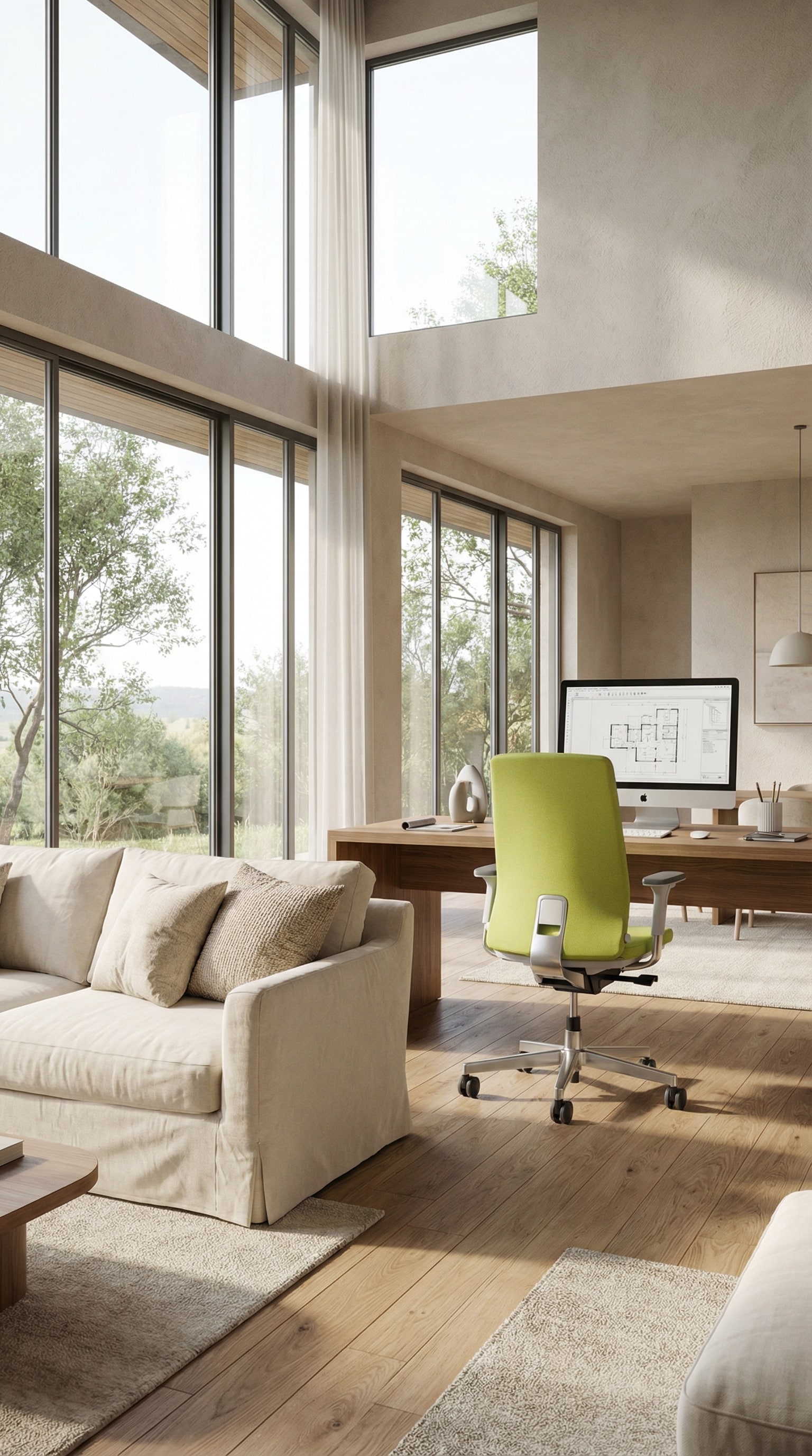 De ICF Pyla ergonomische bureaustoel met fijn netweefsel aan een modern bureau in de lichtdoorstroomde woonkamer