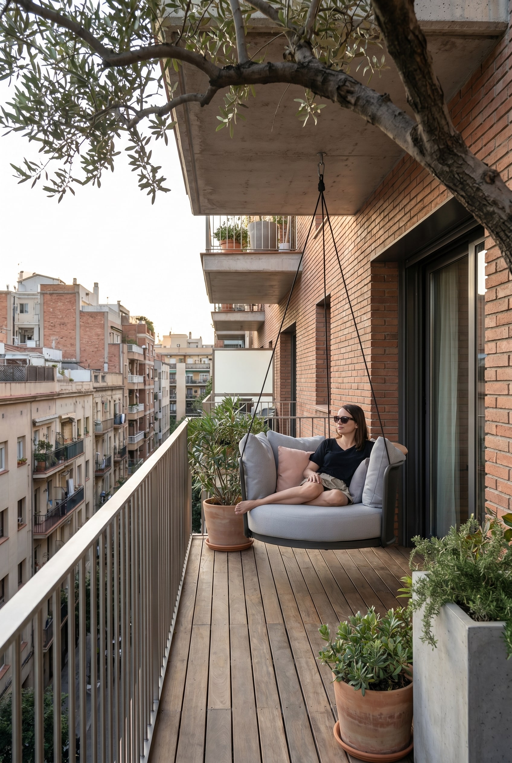 Balcon compact avec un fauteuil suspendu rond gris clair, fix&eacute; &agrave; un plafond en b&eacute;ton au-dessus de lattes de bois