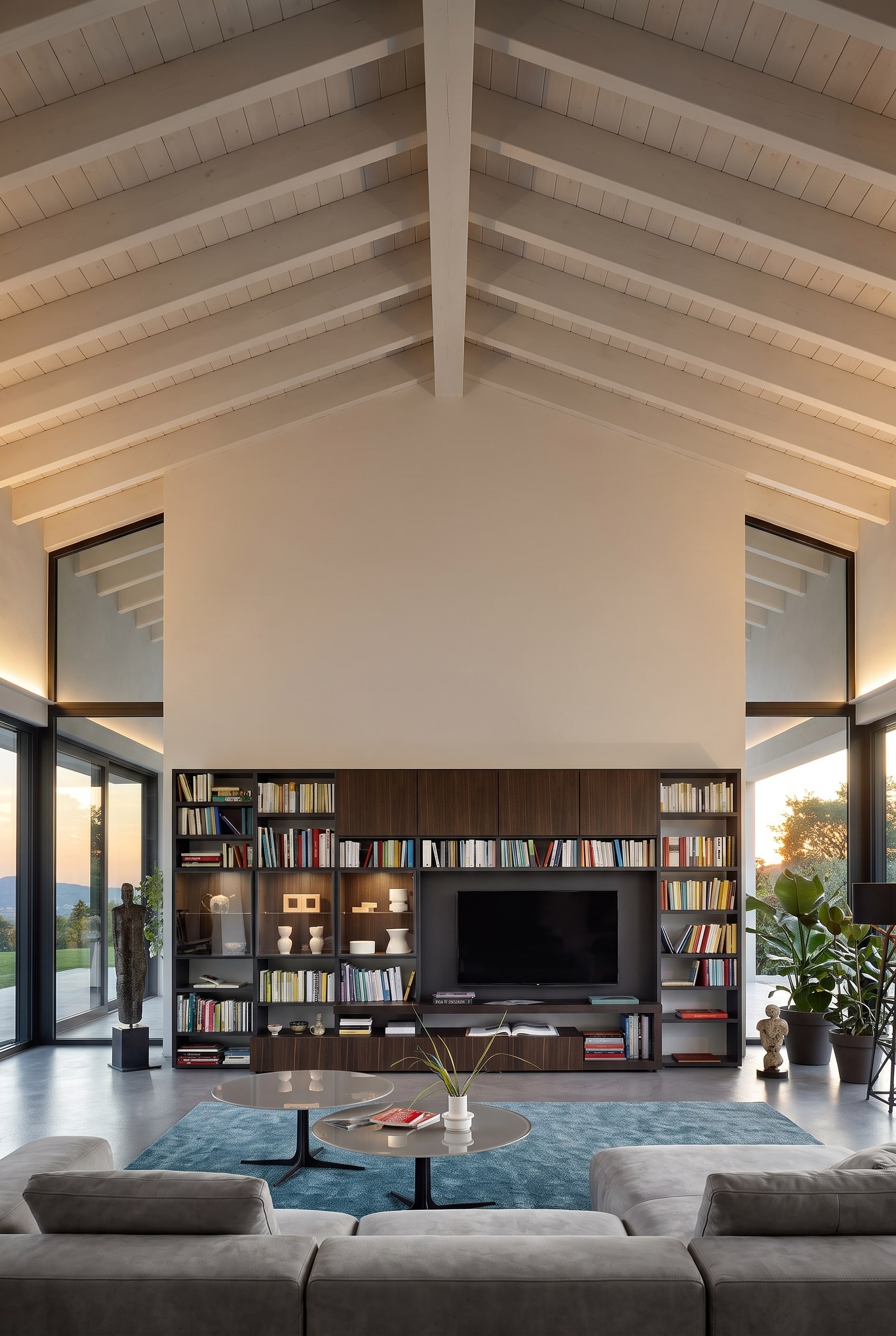 Biblioth&egrave;que sym&eacute;trique murale en placage de bois fonc&eacute; dans un salon spacieux d'ancien immeuble