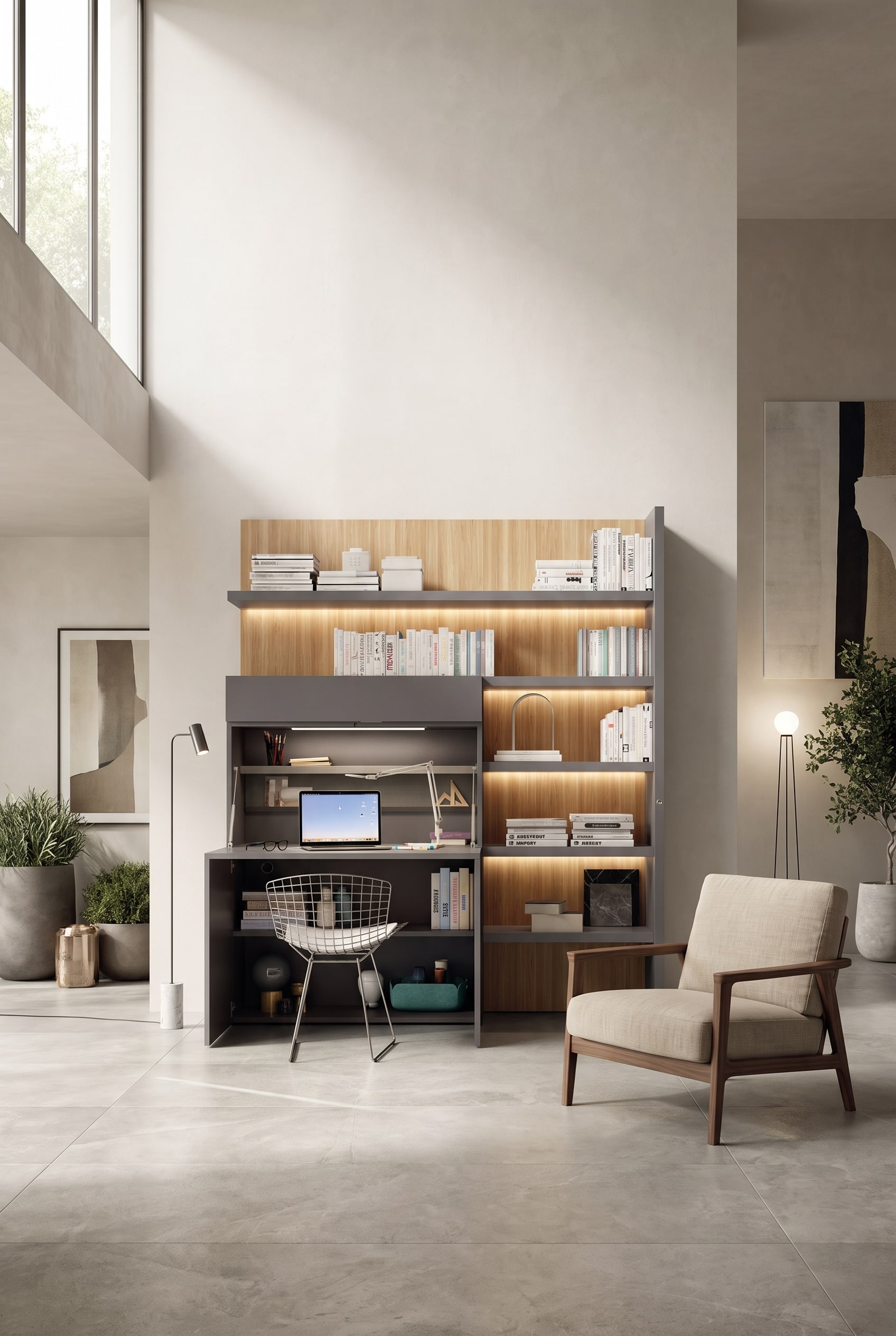 Élégant highboard gris avec bureau intégré dans un salon haut, s'intégrant parfaitement à l'environnement de vie