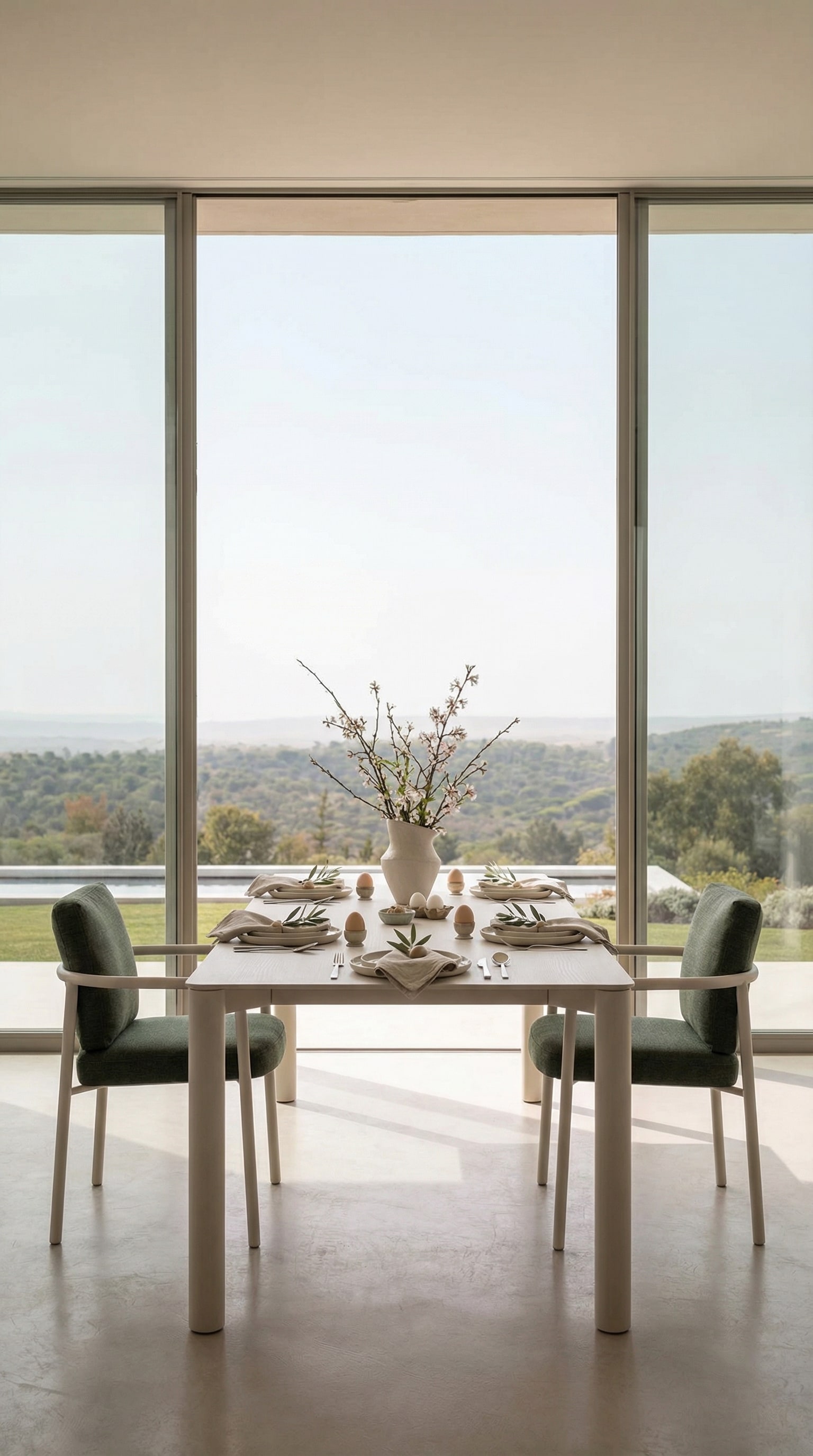 Klassischer, minimalistischer Outdoor Esstisch in einem symmetrischen Terrassen-Layout