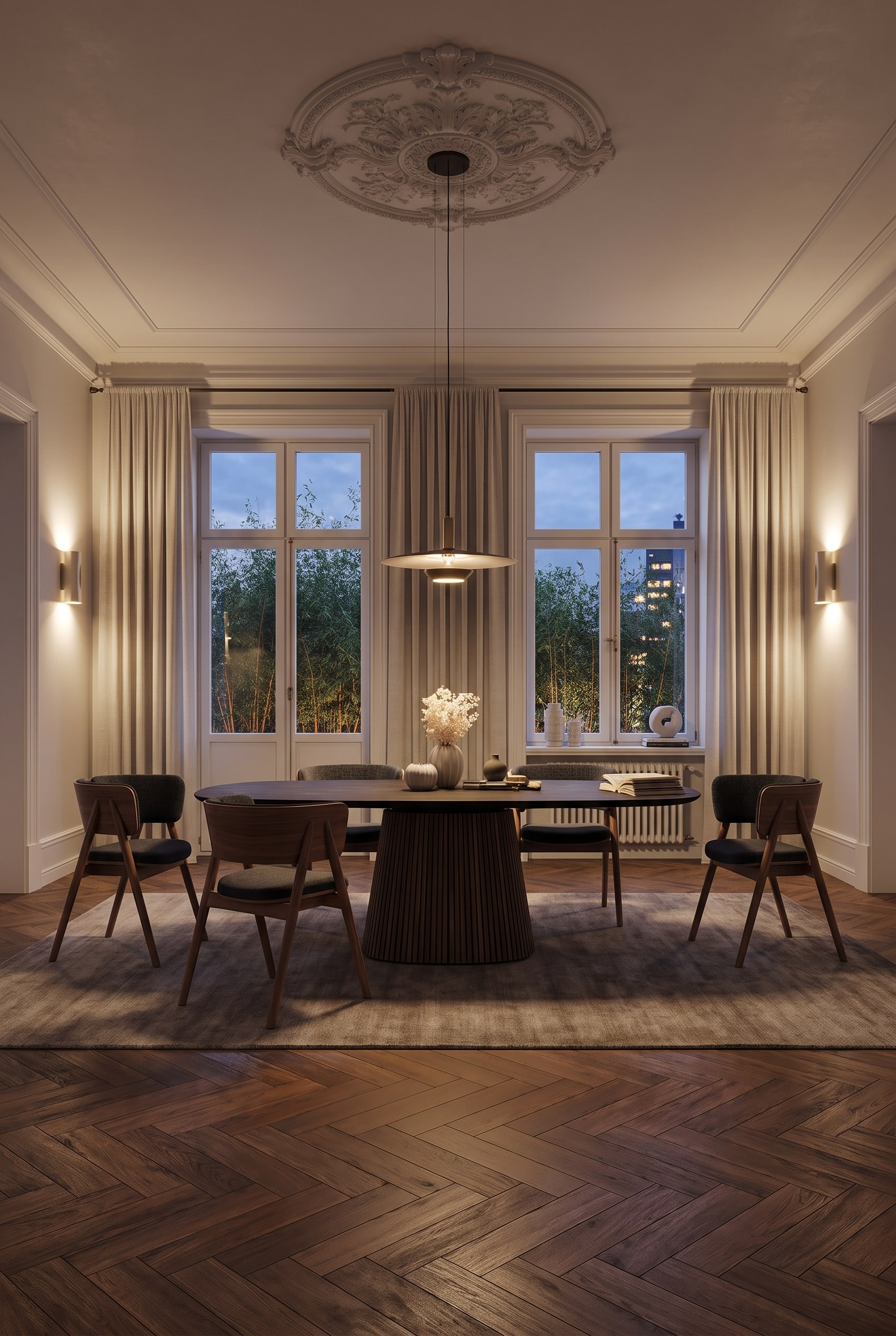 Une table &agrave; manger ronde avec un pied colonne massif et cannel&eacute; en ch&ecirc;ne fonc&eacute; est plac&eacute;e exactement sous une opulente rosace en pl&acirc;tre dans une pi&egrave;ce classique d'un appartement ancien.