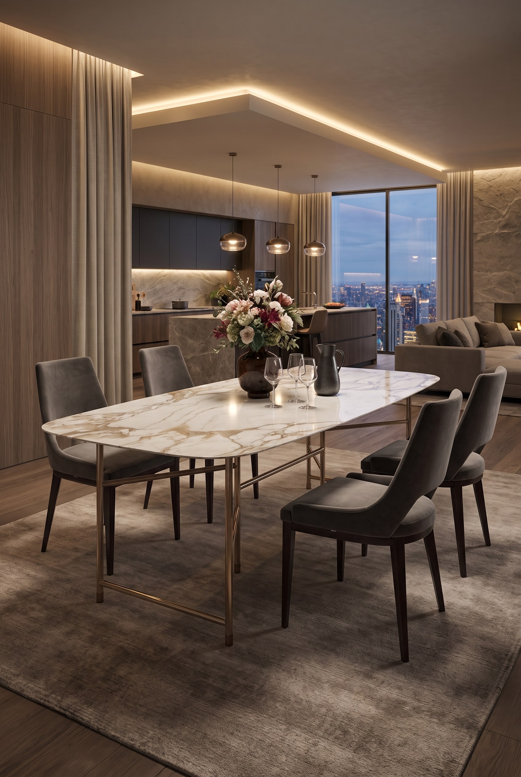 Salle à manger luxueuse avec une table à manger massive en marbre Calacatta clair et des chaises rembourrées sombres