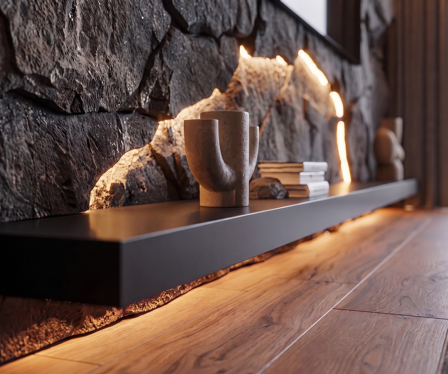 Étagère TV murale Livitalia avec éclairage LED Étagère TV murale Livitalia dans un salon, fixée sur un mur en pierre naturelle avec rétroéclairage LED chaleureux.