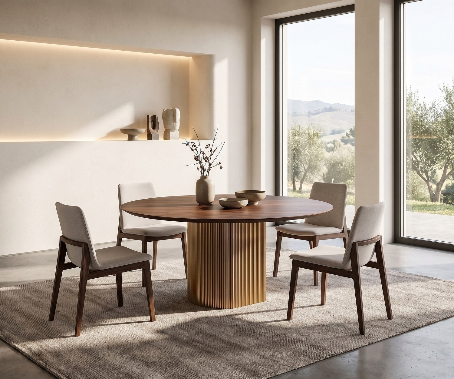 Table à manger ronde cannelée al2 Dakry BR 001 Table à manger ronde al2 Dakry BR 001 avec plateau en bois, pied doré cannelé et quatre chaises beiges modernes.