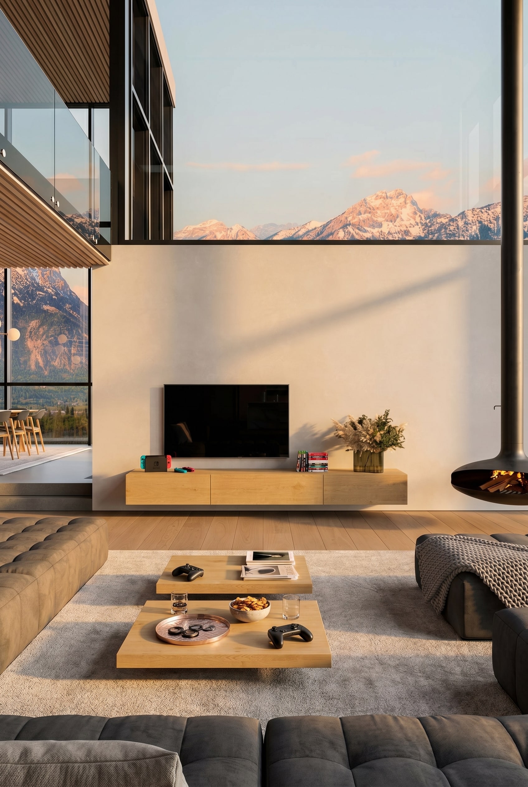 Salon avec meuble TV bas flottant en bois de noyer, corps anthracite et table basse claire