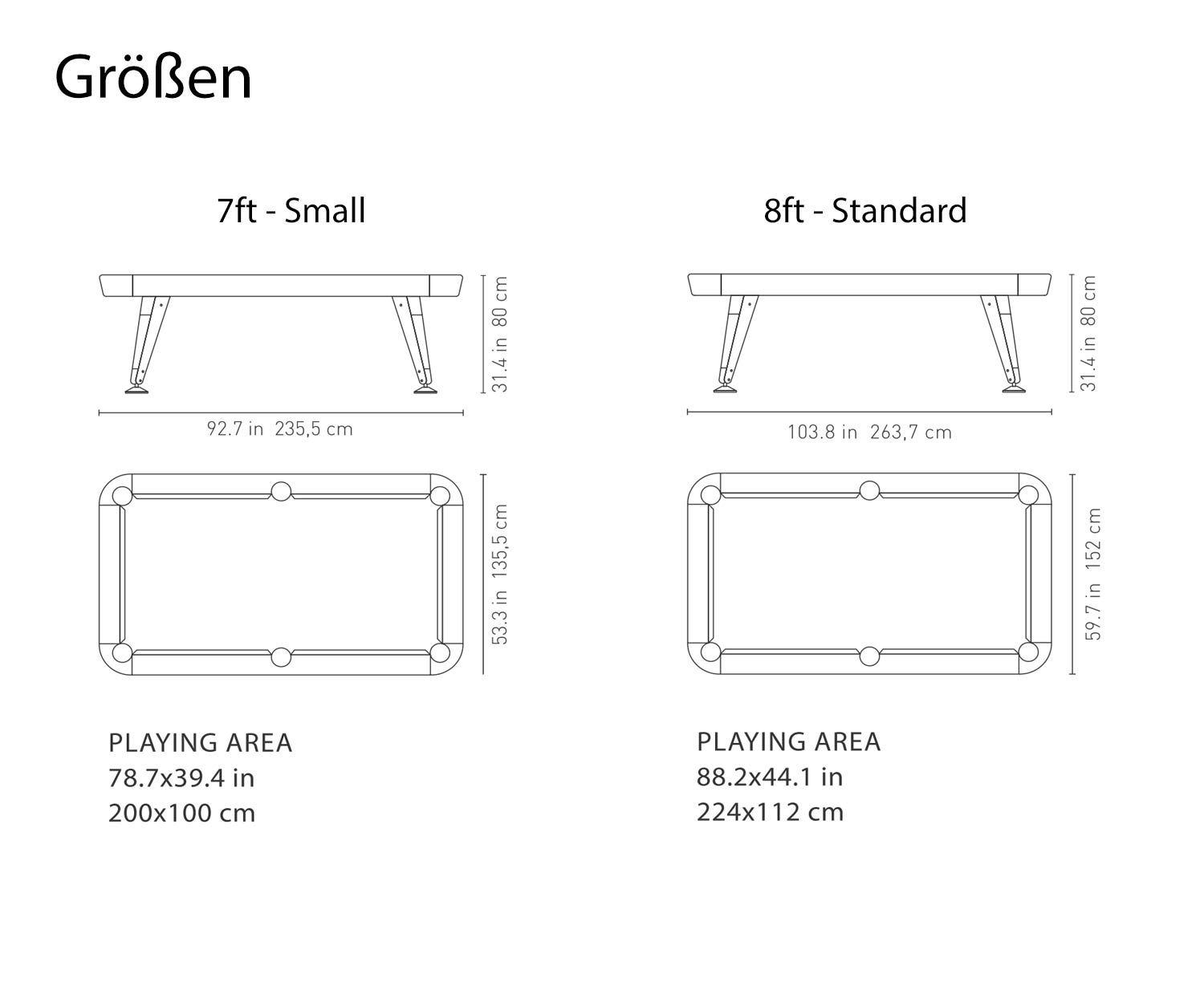 RS Barcelona Table de billard Diagonal Size Tailles Dimensions Esquisse Indications sur la taille RS Barcelona Table de billard Diagonal Size Tailles Dimensions Esquisse Indications sur la taille