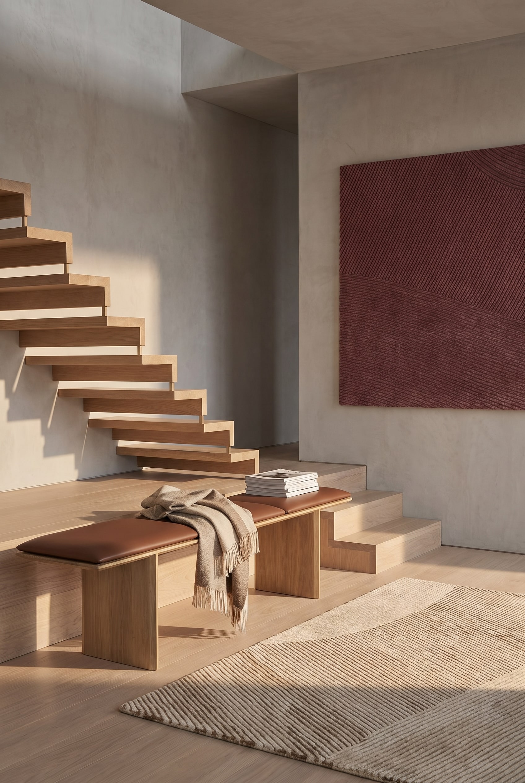Élégante banc Punt Velasca en bois dans l'entrée d'un escalier moderne