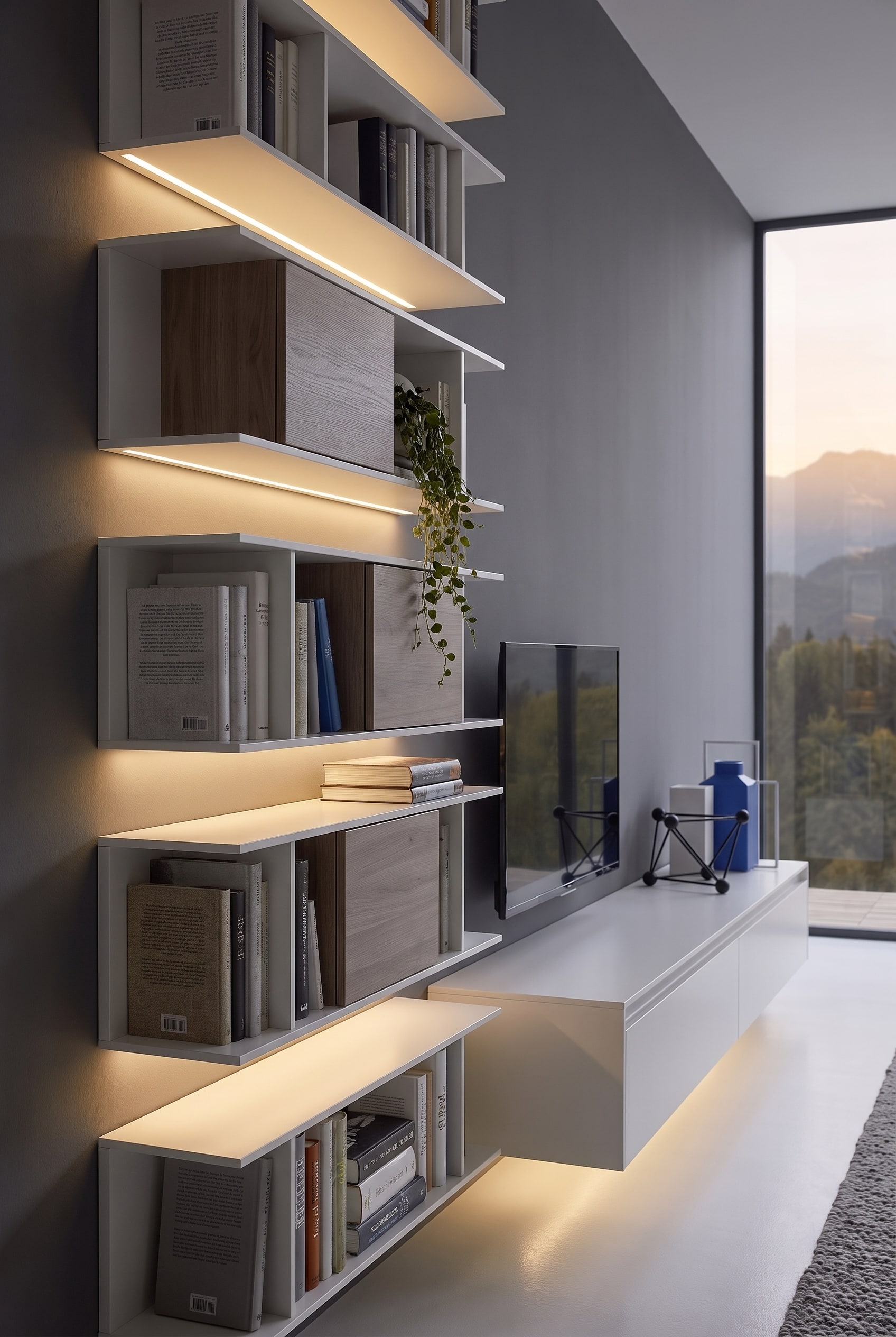 &Eacute;tag&egrave;re murale ouverte &agrave; c&ocirc;t&eacute; du t&eacute;l&eacute;viseur, d&eacute;cor&eacute;e de livres et de plantes suspendues au design moderne.