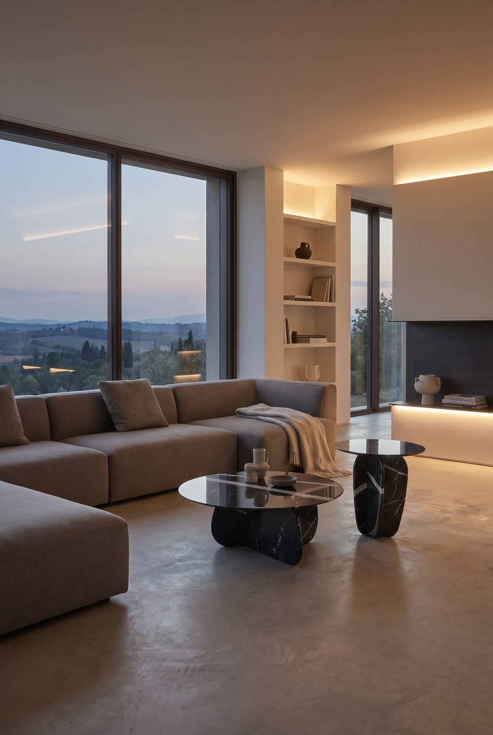 Salon minimaliste avec un canapé d'angle anguleux et une table basse ronde en pierre naturelle avec une douce marbrure foncée