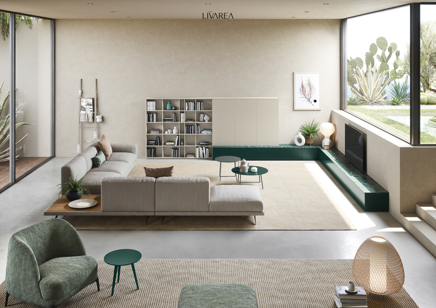 Grote luxe woonkamer met wandmeubel en hoekbank