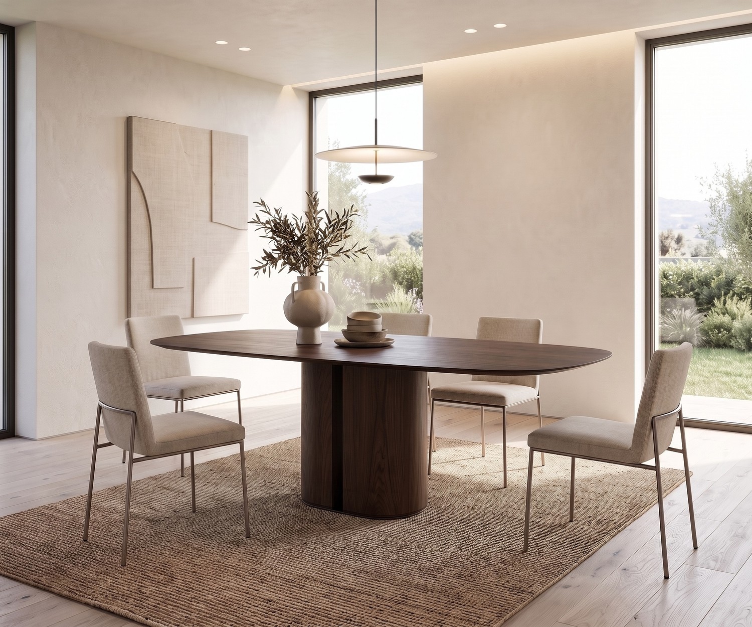 Eettafel al2 el-it c 001 van donker hout in een minimalistische eetkamer met moderne beige stoelen.