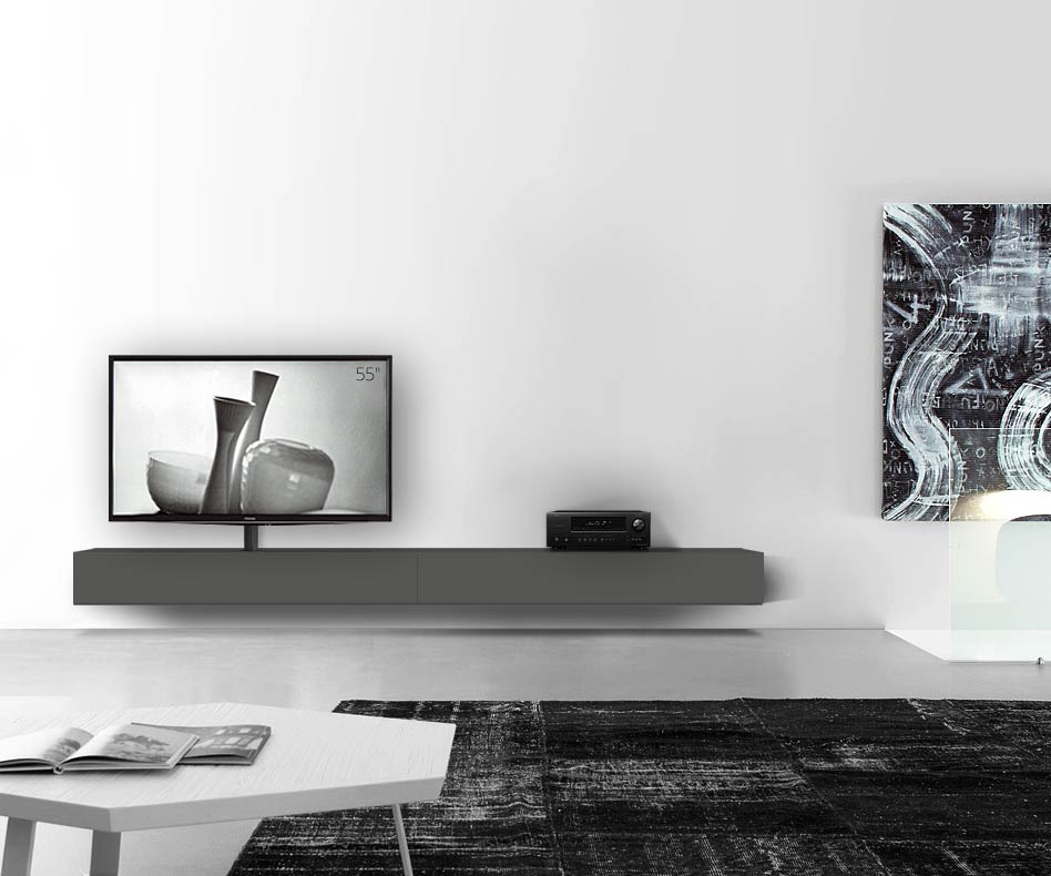 Table basse design Configurateur avec support TV mural Largeur 300 24 45 gauche gris foncé mat