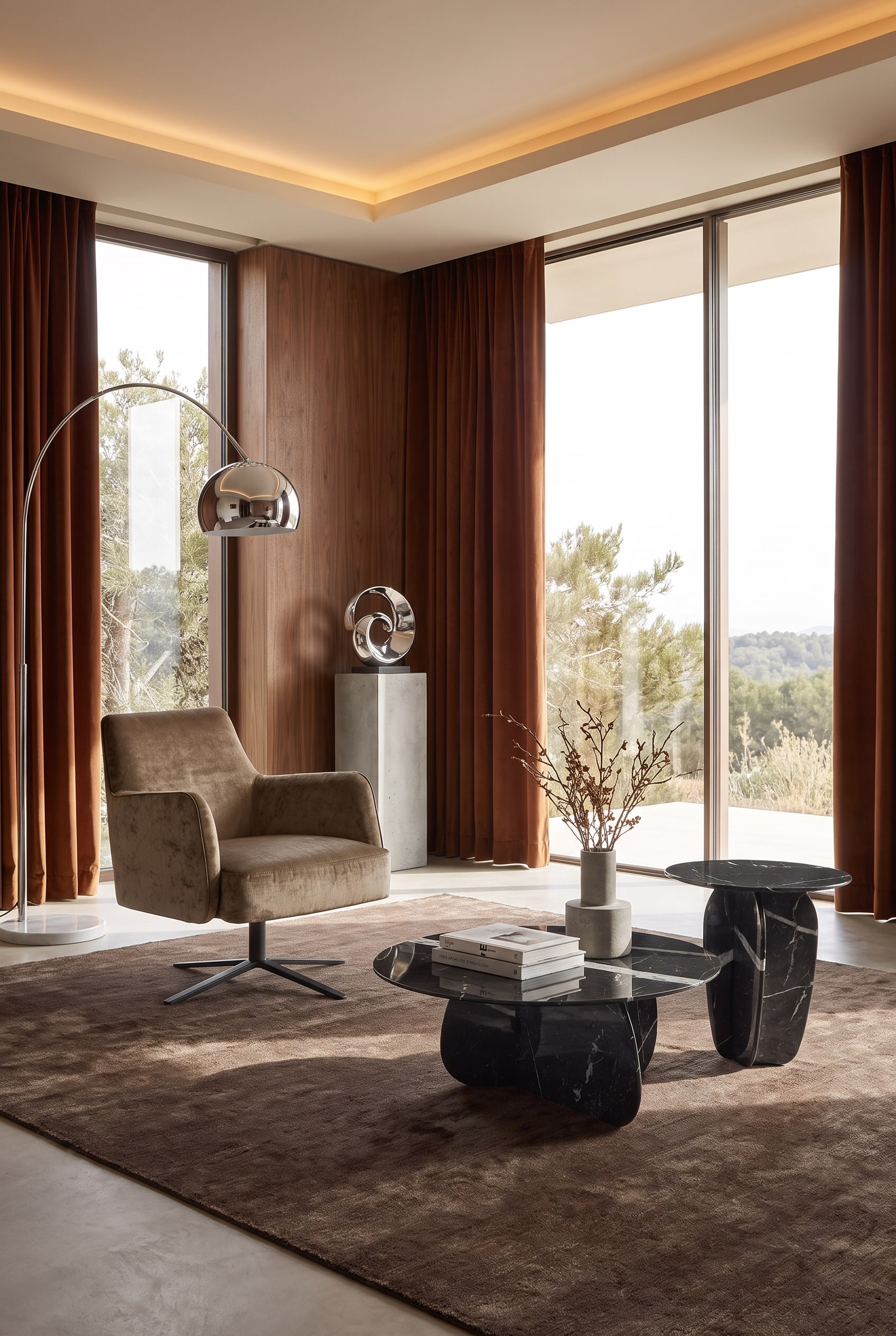 Salon moderne avec un fauteuil aux formes organiques en velours brun rouille devant une grande baie vitr&eacute;e