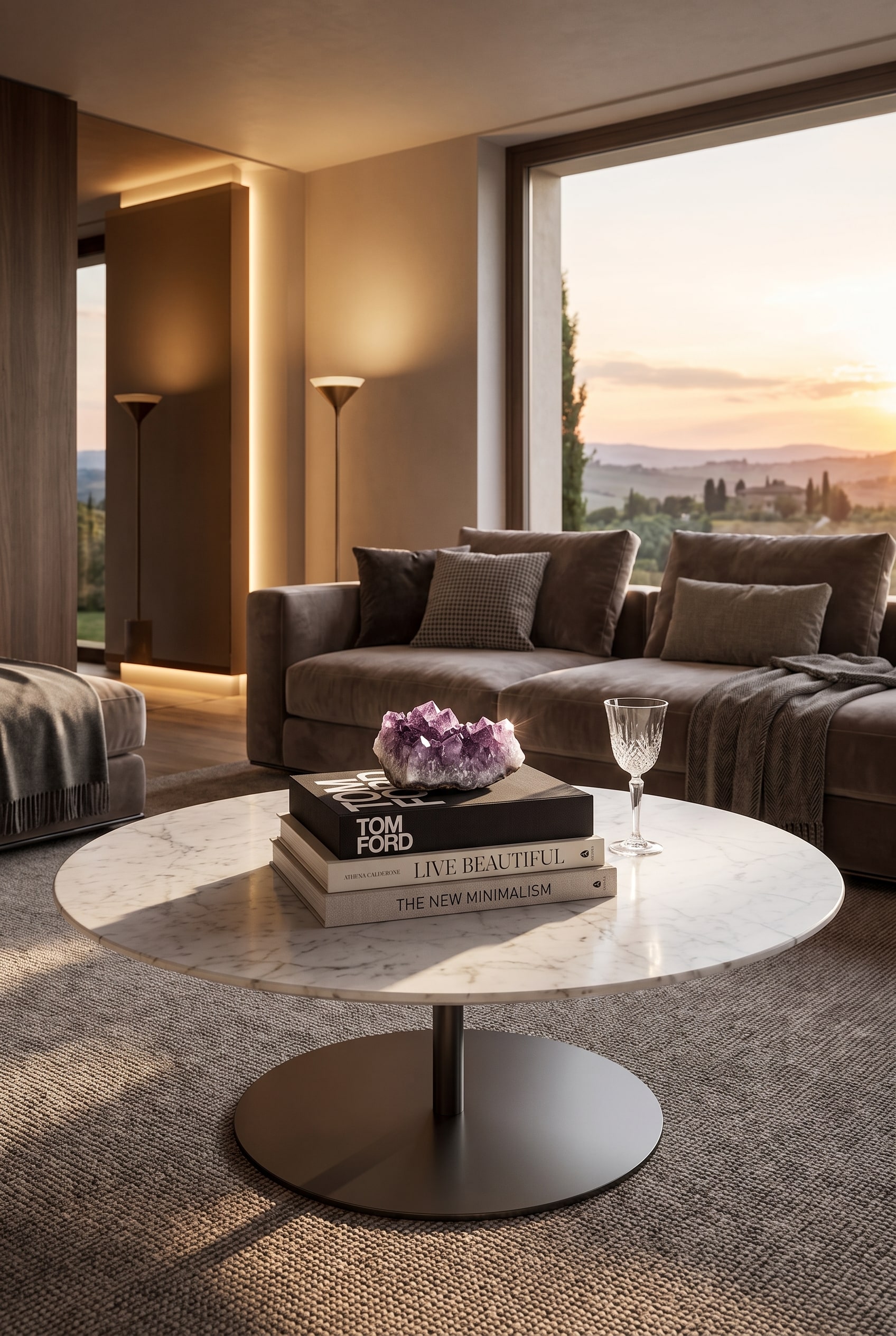 Table basse ronde en marbre avec trois livres d'art empil&eacute;s et un petit verre en cristal dessus dans un salon lumineux