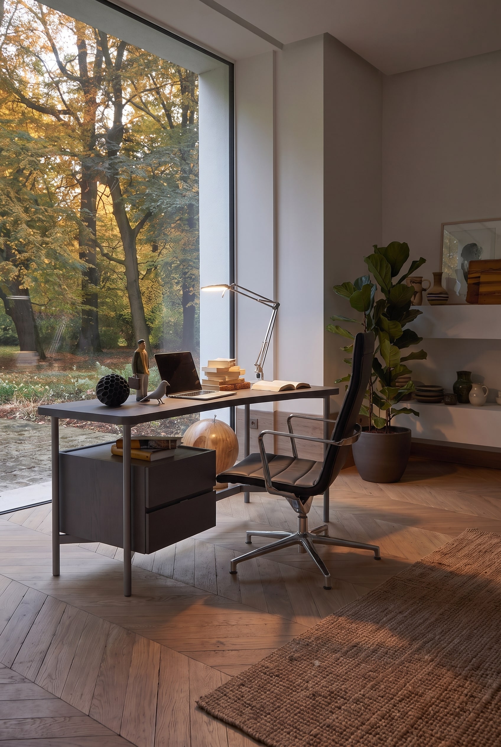 Vue lat&eacute;rale du bureau sombre devant une grande fen&ecirc;tre, soulignant le design flottant du plateau de table.