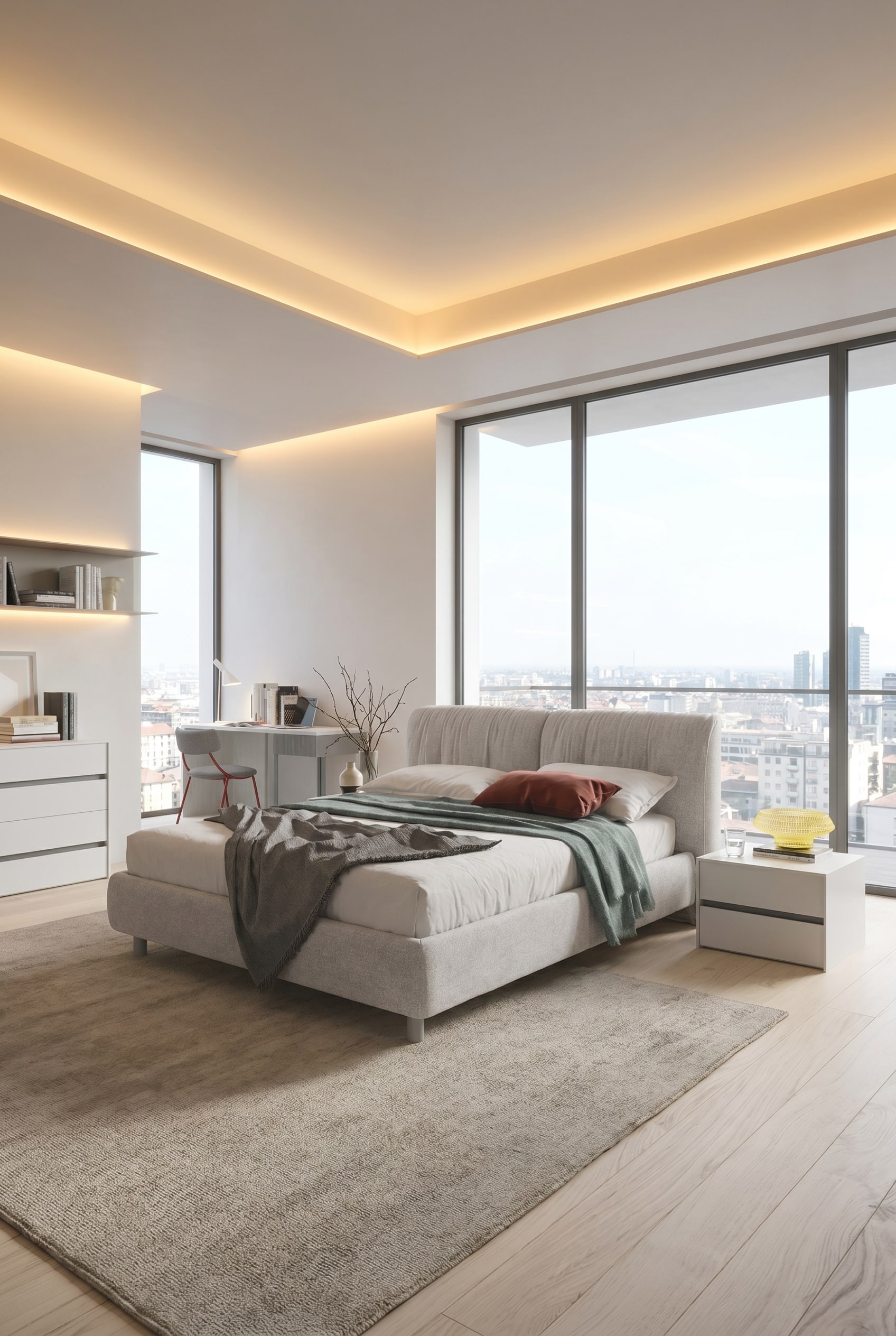 Chambre moderne avec fen&ecirc;tres du sol au plafond, un grand lit rembourr&eacute; gris clair, un tapis en laine beige et des tables de chevet blanches minimalistes dans une douce lumi&egrave;re