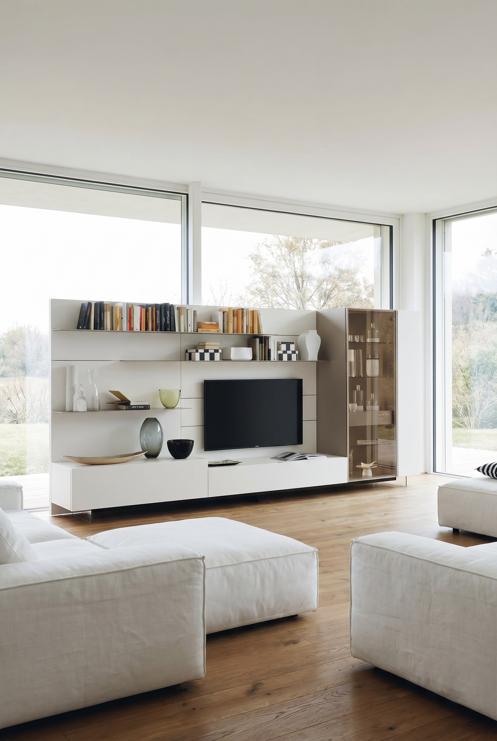 Meuble TV C42 en blanc mat combin&eacute; avec d'&eacute;l&eacute;gantes vitrines en verre au design moderne
