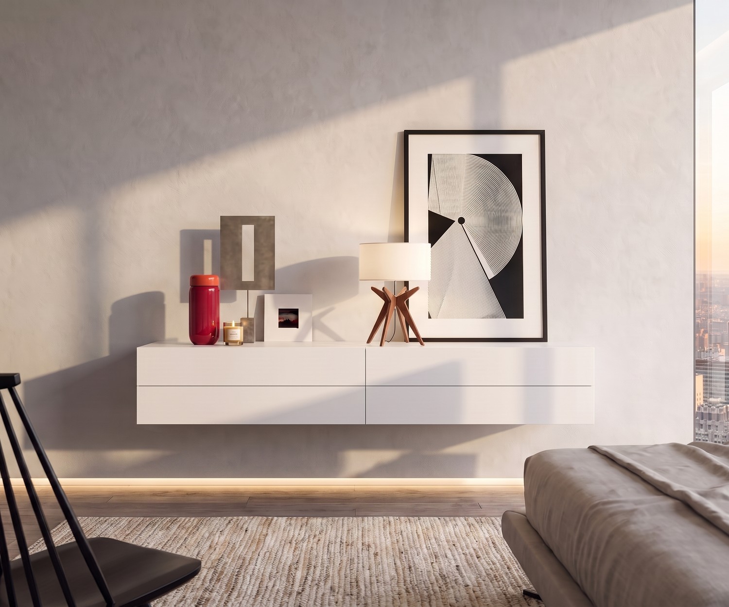 Commode Suspendue Novamobili Easy à 4 Tiroirs Commode suspendue dans la chambre : Commode murale blanche Novamobili Easy à 4 tiroirs dans un intérieur minimaliste.