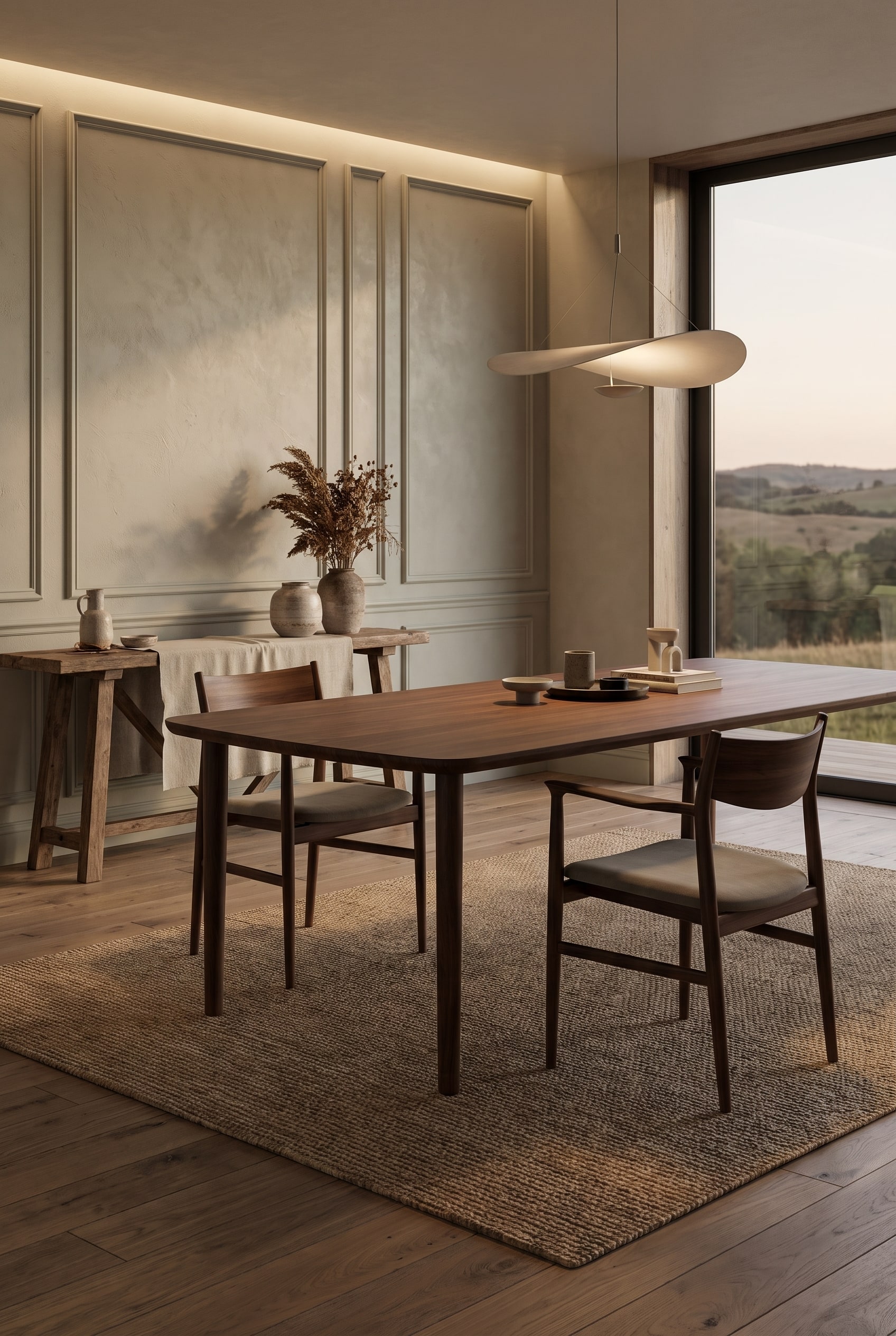Coin repas avec la chaise &agrave; accoudoirs Conde House Kamuy en bois doux et rembourrage aux couleurs sourdes devant un mur de couleur greige